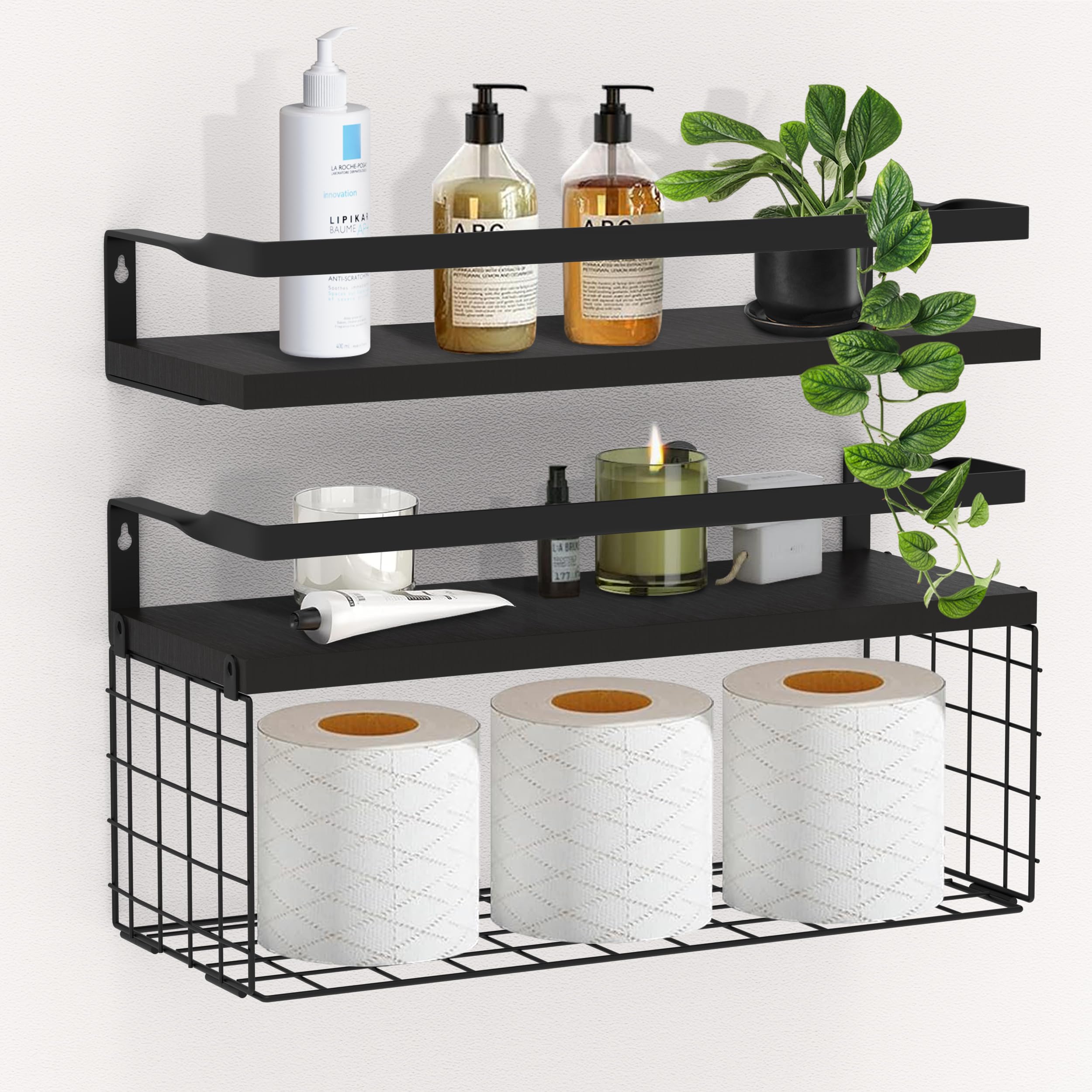Baldas Pared Negro, Estantes de Pared Estantes Flotantes con Portarrollos para Papel Higiénico, Baldas de Madera Pared para Cocina Habitacion Baño Libros Salon, 40 cm