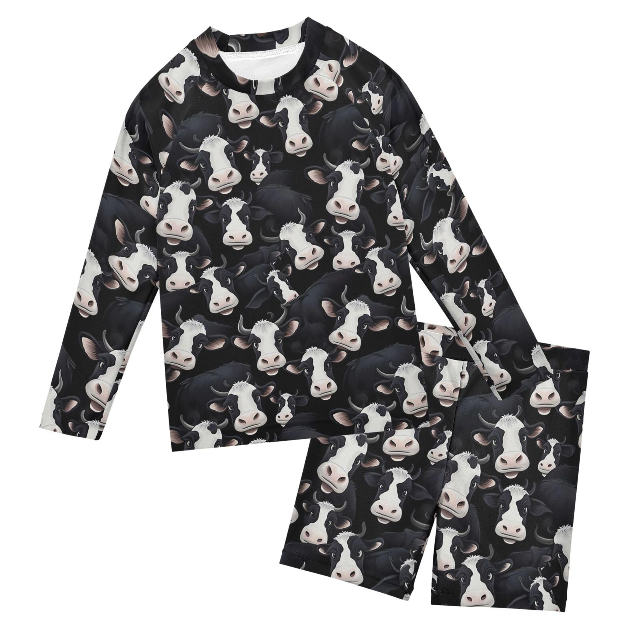 Cow Animal Boys Rash Guard Swimsuits Set for Boys Long Sleeve Swim Shirts Bathing Suits with Trunks B0403731