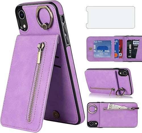 Asuwish Funda de teléfono para iPhone Xs X 10 10s con protector de pantalla y cremallera RFID tarjetero soporte de anillo de cuero para iPhone X