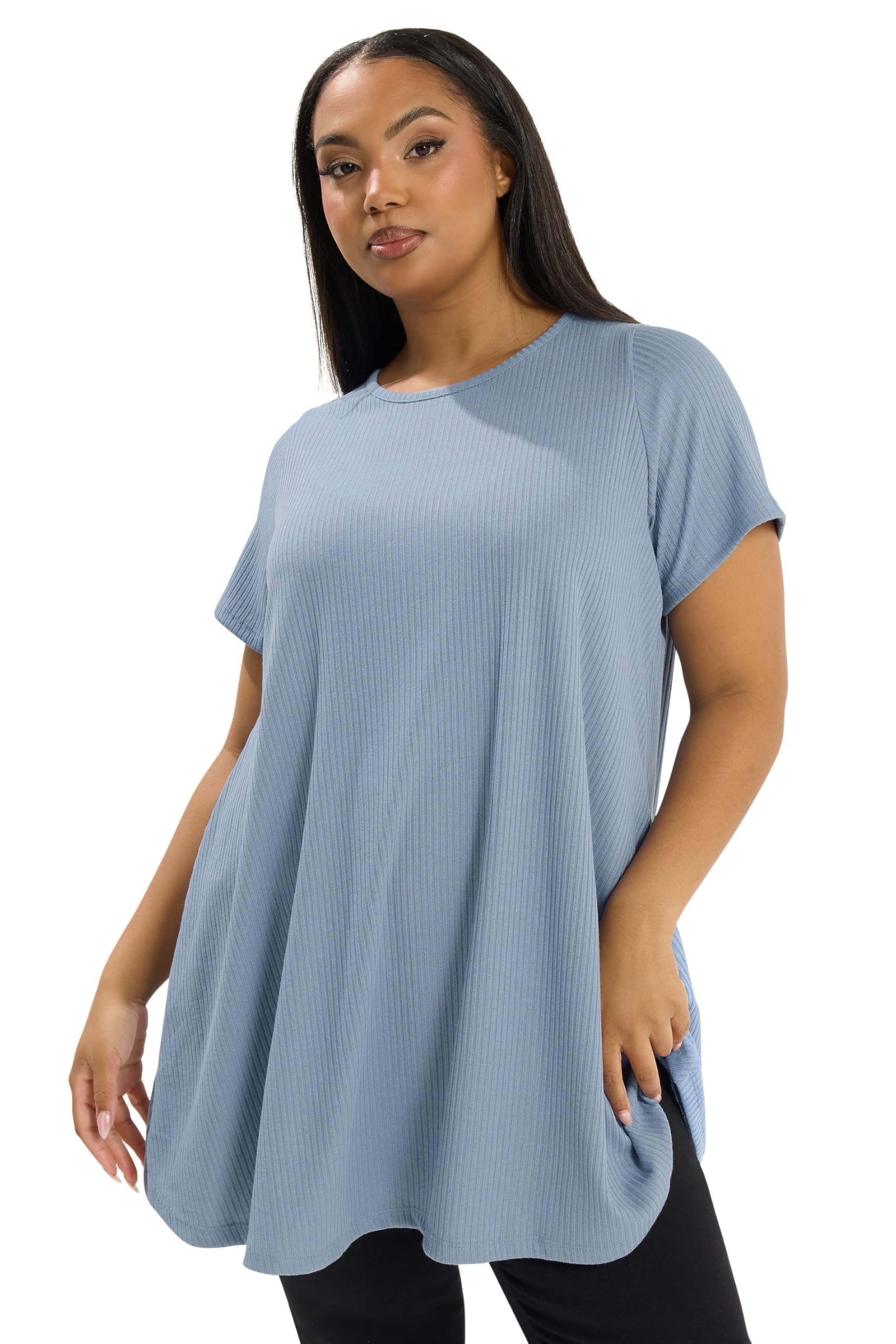 Yours Women's Mid Blue Ribbed Soft Touch Swing Top In | Size: 26-28