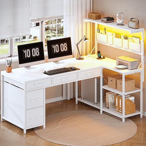Miniatura 3 de SEDETA Escritorio esquinero para computadora, escritorio reversible en forma de L con cajones de tela y toma de corriente, escritorio para juegos de