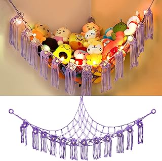 Stuffed Animal Hammock, Stuffed Animal Net, KoHuiJoo Jumbo Stuffed Animal Net or Hammock with Led Light Kids Children Wall Corner Mesh Hanging Toy Net Organizer for Stuff Animals Purple