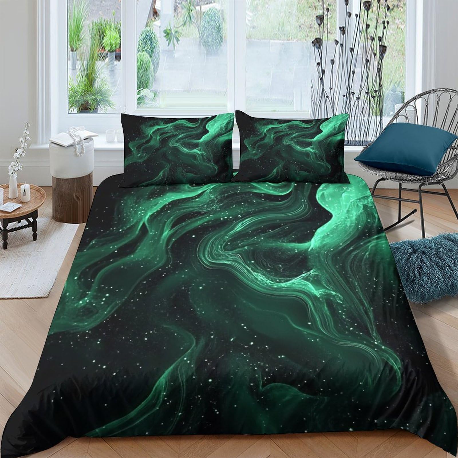 Ctjqhvkz Style-1 3D Printed Aurora Green Wave Fitted Sheet Microfiber Soft Breathable Nebula Mattress Cover For Bedroom Home Decor Single（135X200cm）