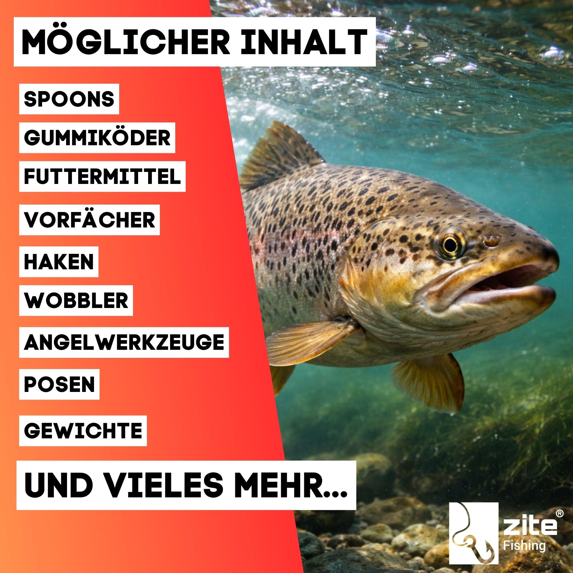 Zite Fishing Wundertüte Forelle XL | Geschenke für Angler - Forellen Überraschungsbox mit Angelzubehör, Kleinteilen & Ködern - Angel Sachen, Angel Geschenk Angel-Mystery-Box Geschenk Angler Wundertüte