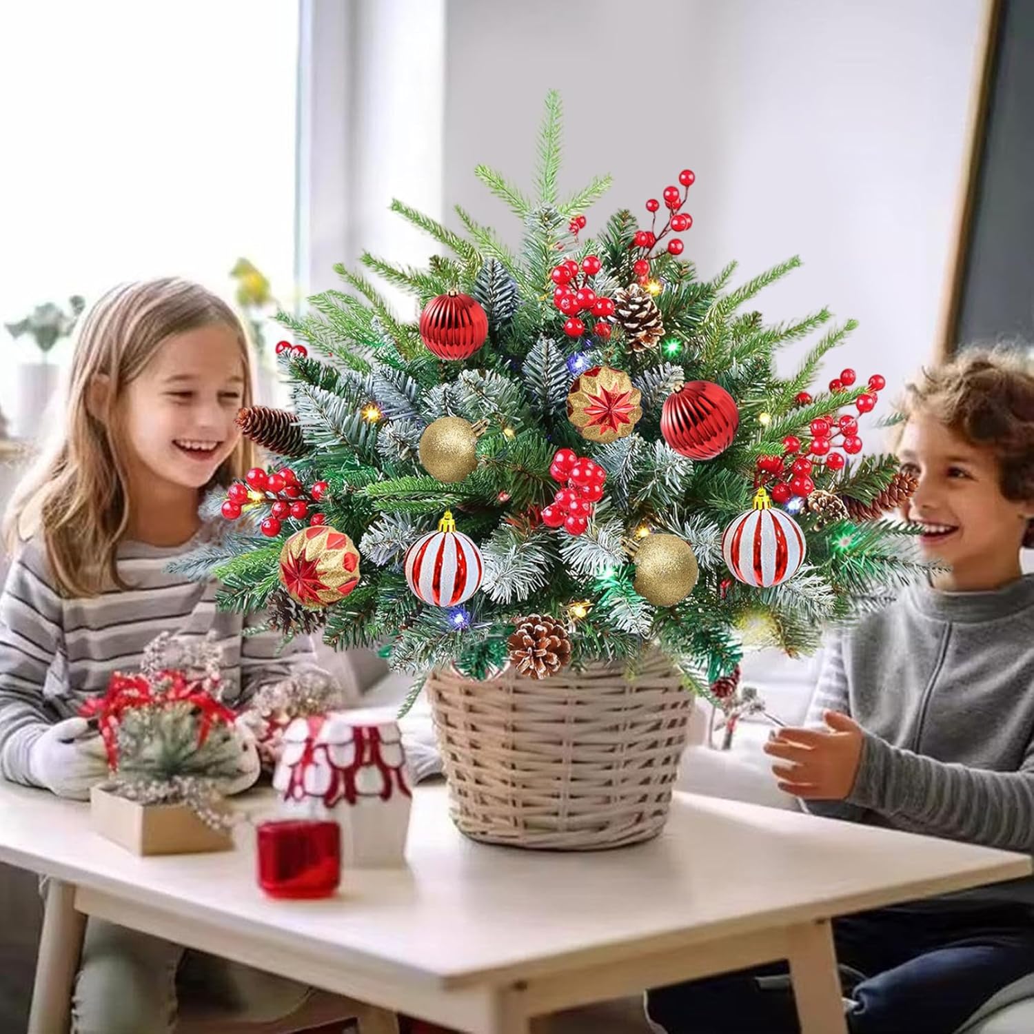 2PCS Outdoor Christmas Tree 23.6 Inch Lighted Trees with Berries Pine Leaves Cones and Balls Urn Filler with Stakes for Garden Yard Porch Holiday Decor