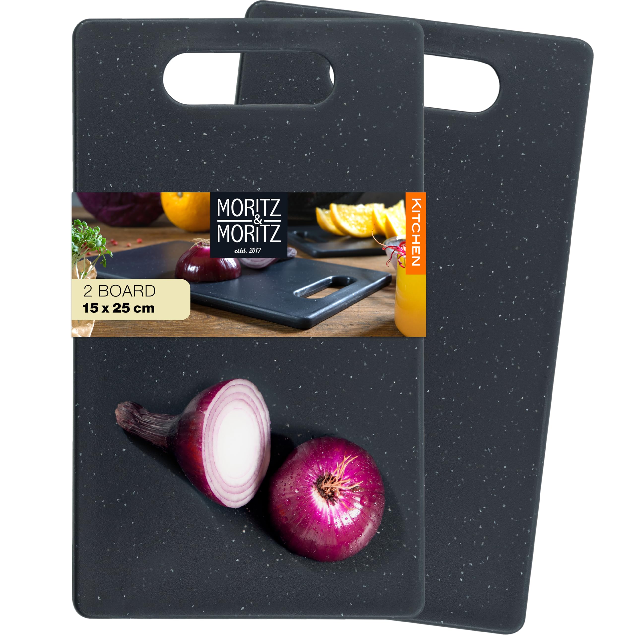 Moritz & Moritz 2X Small Plastic Chopping Board Set Black Granite Look - 25x15 cm - Cutting Boards for Kitchen - Kitchen Chopping Boards Hygienic and Dishwasher Safe