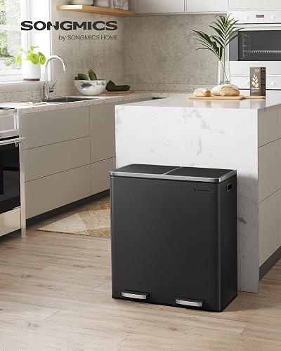 SONGMICS Dual Rubbish Bin, Metal Recycling Bin with 15 Rubbish Bags, 2-Compartment, with Lids, Pedals, Plastic Inner Buckets, Soft Closure, 2 x 8 Gallons (2 x 30 L), Black LTB60BK - 2