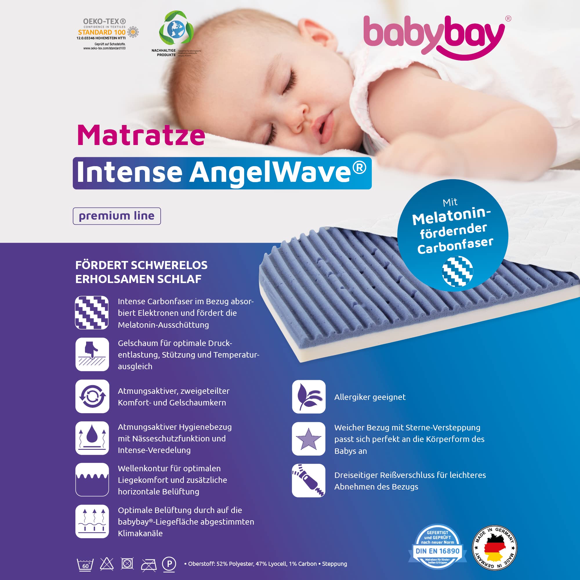 Babybay materasso per co-bed Intense AngelWave® adatto per i modelli Maxi, Boxspring e Comfort Plus