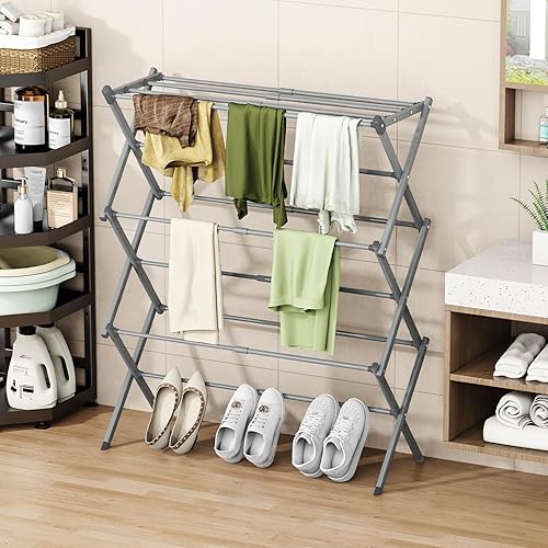 Miniatura 9 de Tendedero plegable para ropa, 3 niveles, portátil, para interiores y exteriores, antioxidante, compacto, plegable, gris, 28 pulgadas de profundidad