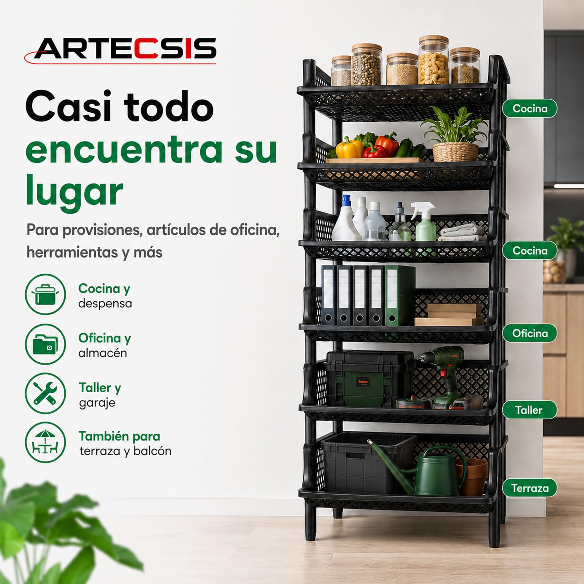 ARTECSIS - Juego de 2 estantes de Almacenamiento de plástico, 6 Niveles, 120 x 50 x 40 cm, Color Negro