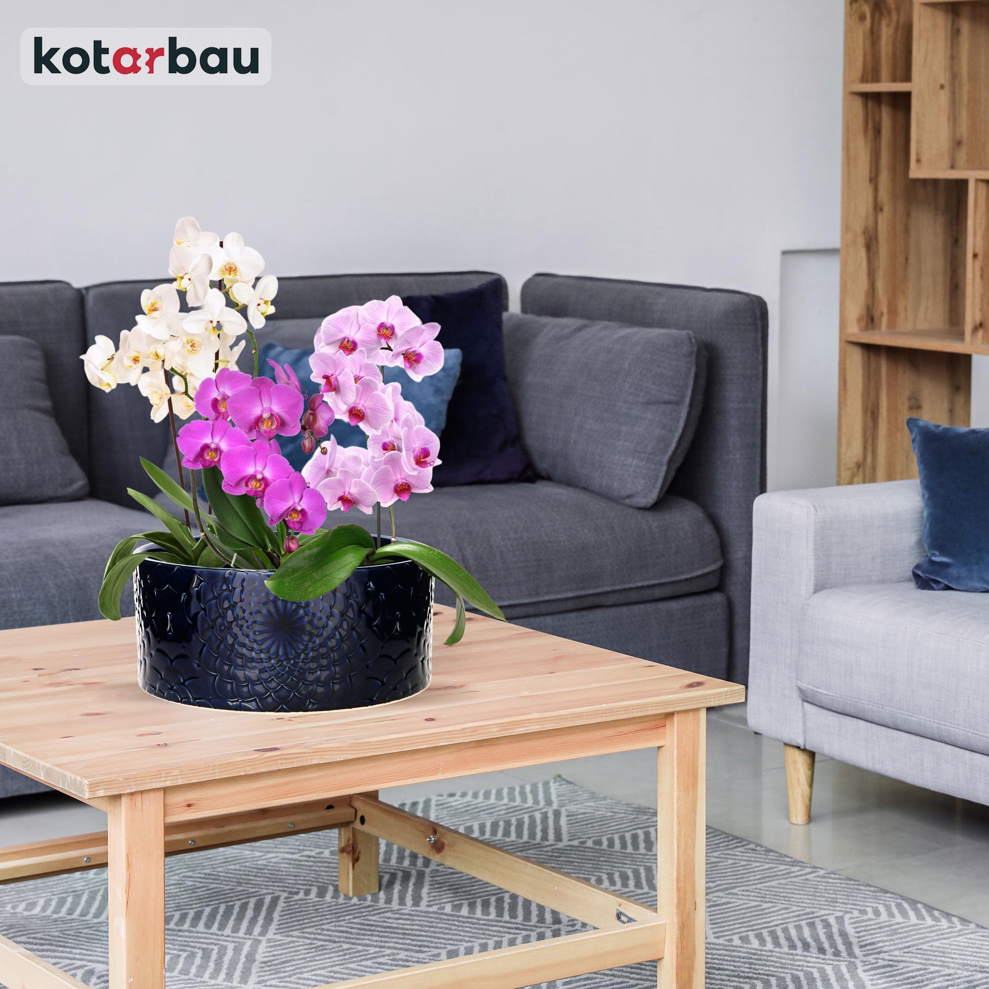 KOTARBAU Bac à plantes, en céramique, bleu cobalt, hauteur : 13 cm, diamètre : 28 cm, grand pot de fleurs, plat et rond, pour l'extérieur
