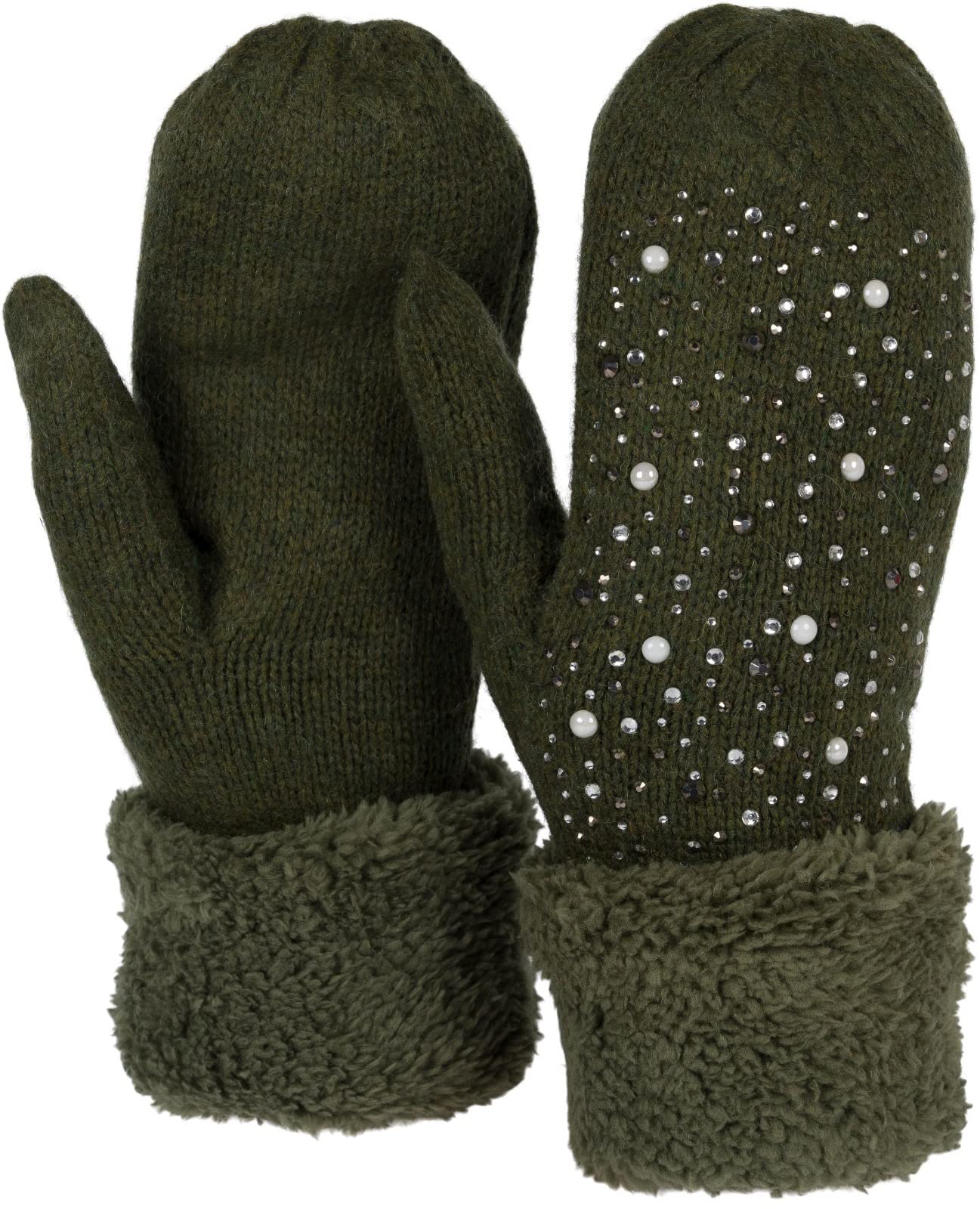 Stylebreaker Women's Olive Warm Winter Knitted Mittens With Rhinestones And Pearls, Gloves, Thermo Fleece, Knitted Gloves 09010039, Colour: