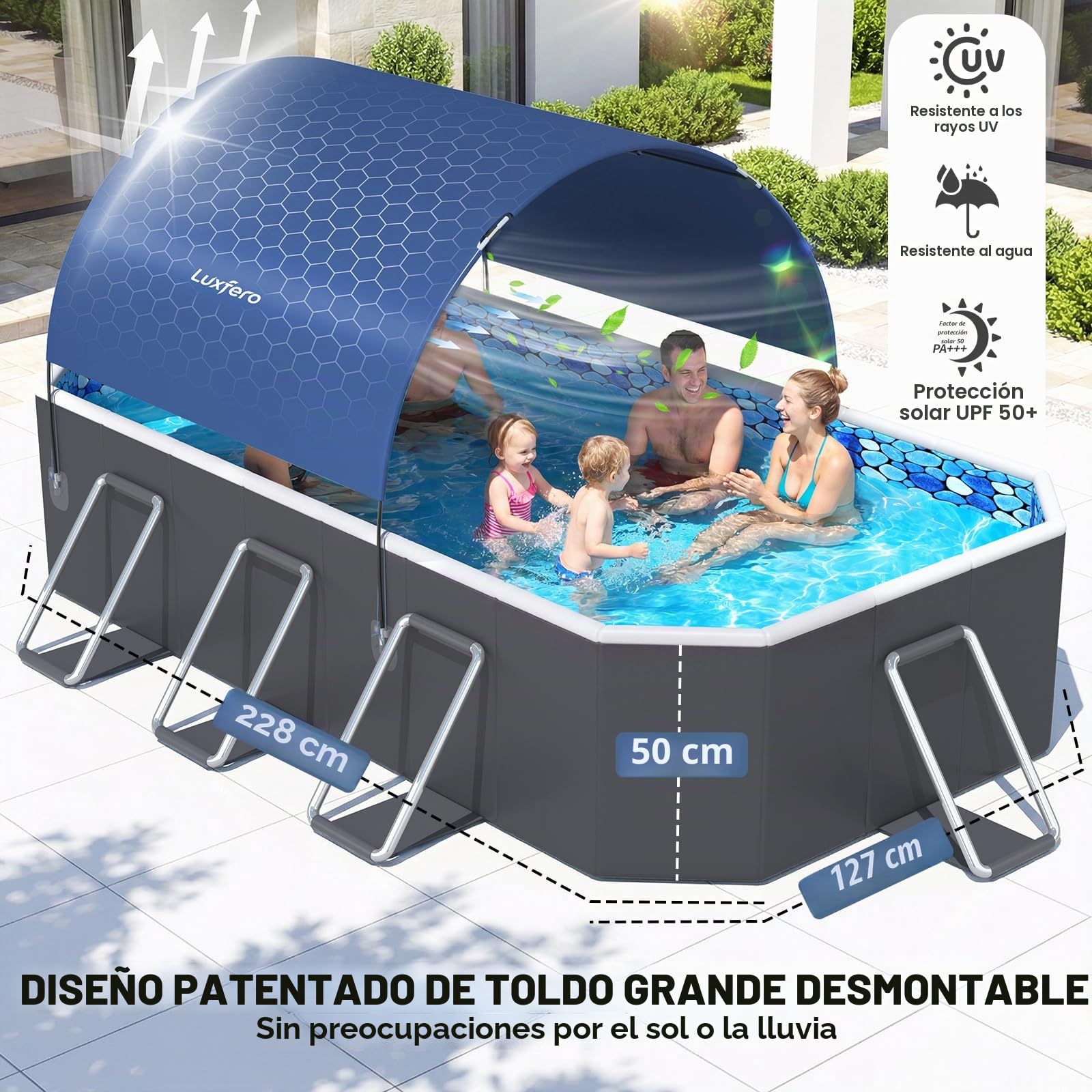 Luxfero Piscina Desmontable Rectangular con Toldo Solar, Piscina Desmontable Tubular Plegable, Piscina Rectangular de Exterior Épaissi, Fácil de Guardar Piscina para Adultos y Niños, 228 x 127 x 50 cm