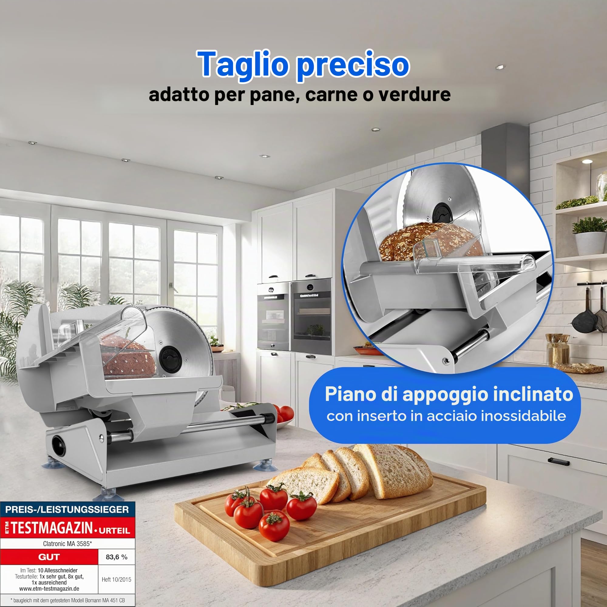 Affettatrice multiuso Clatronic Ø 190 mm lama in acciaio inox | affettatrice elettrica per pane | spessore di taglio regolabile (0-15 mm) | affettatrice | alloggiamento in metallo | 150W | MA 3585