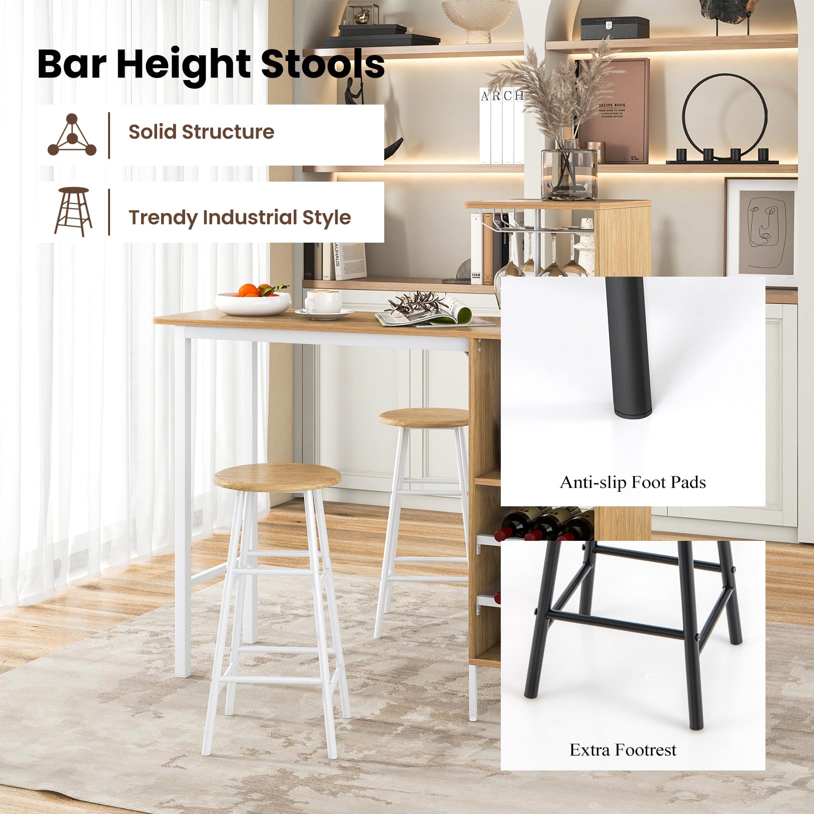 HOMASIS Set di tavolo da bar con 2 sgabelli da bar, tavolo da pranzo con supporti per calici da vino e ripiani per 6 bottiglie di vino, tavolo da bistro industriale per cucina, 120 x 40 x 121,5 cm