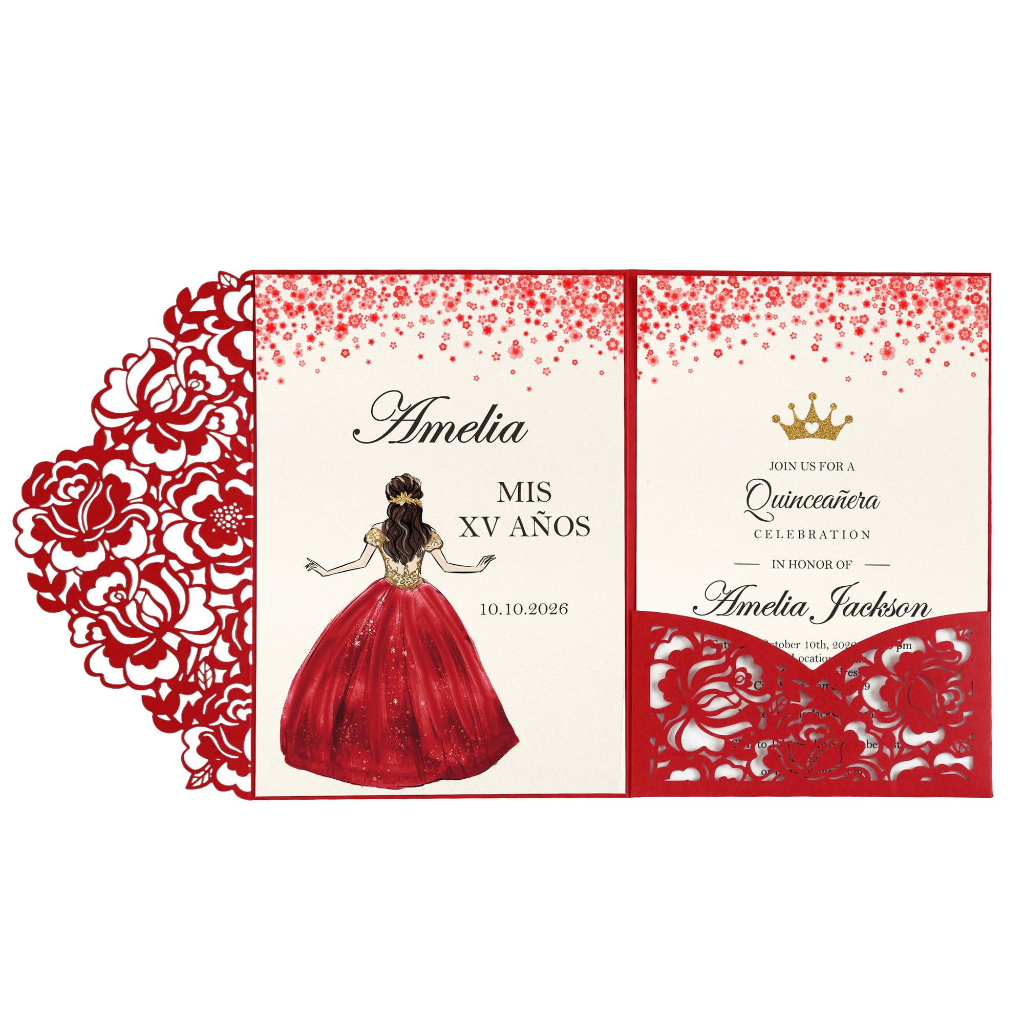DORIS HOME 50pcs Laser Cut Quinceanera Invitation Pockets with Envelopes Red, 5.12" x 7.12"Invitation Cards for Birthday, Miss 15, Sweet 16 (No Inserts Included)