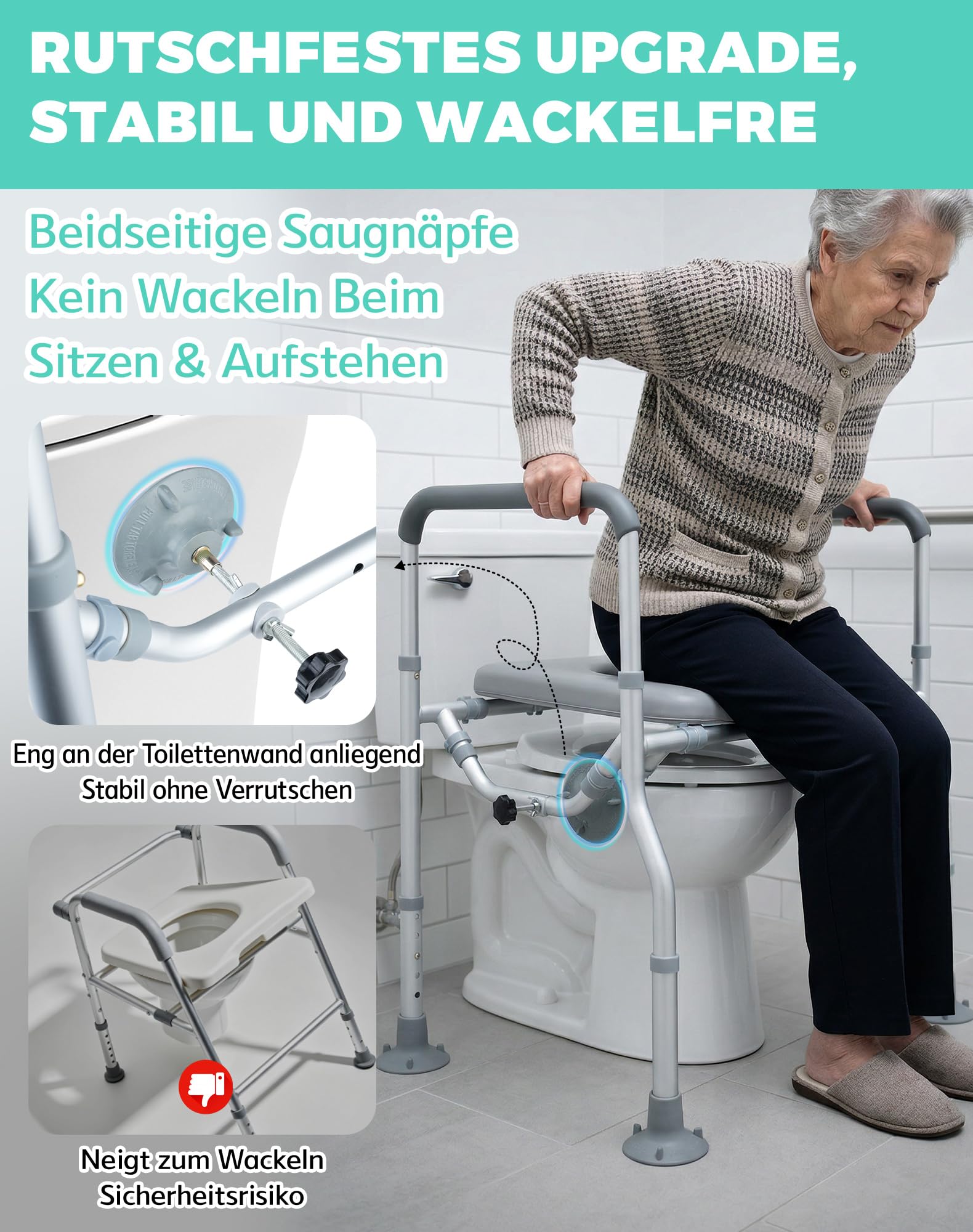 Toilettensitzerhöhung mit Armlehnen und Seitlichen Saugnäpfen | WC Sitzerhöhung für Senioren, Aufstehhilfe WC, 5-Fache Höhenverstellung, 6-fache Breitenverstellung, Belastbar bis 150 kg