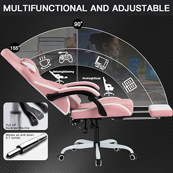 Gaming Chair, Ergonomic Gaming Chair, Computer Chairs with Headrest and Lumbar, Height Adjustable Rotating PC Chairs, Pink White
