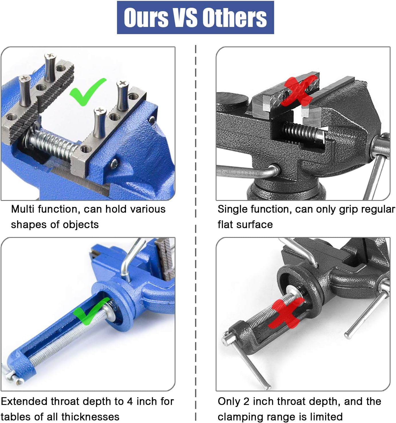 Bench Vise with Clamp Post Universal 3 Inch Bench Clamps 360° Swivel Base Home Vise for Holding Irregular Objects Heavy Duty Table Vice with Longer Clamping Distance for Woodworking, Drilling, etc.