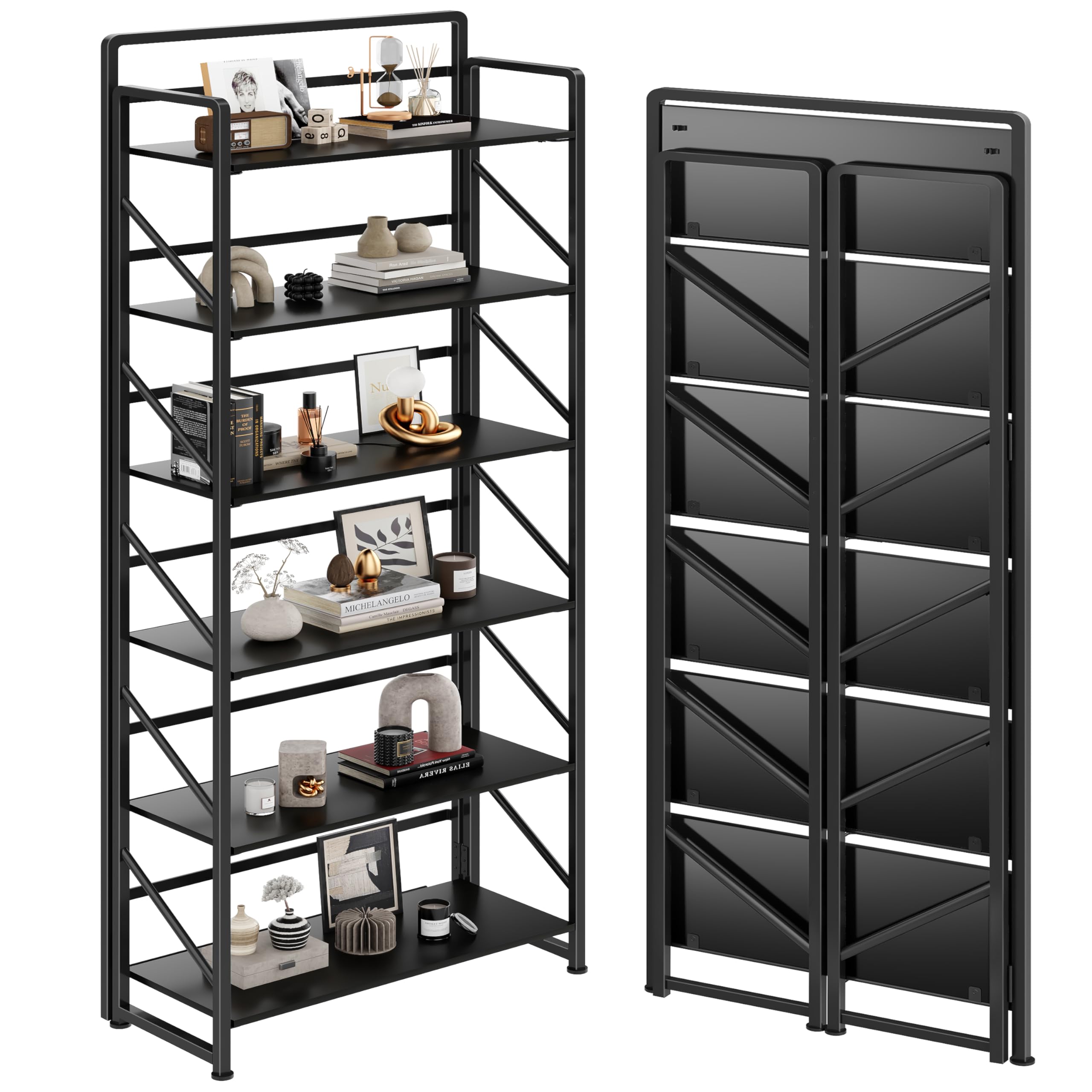 Photo 1 of JSB No Assembly Folding Bookshelf, 6 Tier Industrial Metal Book Shelf for Storage, Vintage Wood Foldable Bookcase for Living Room, Bedroom, Office Organization Shelves