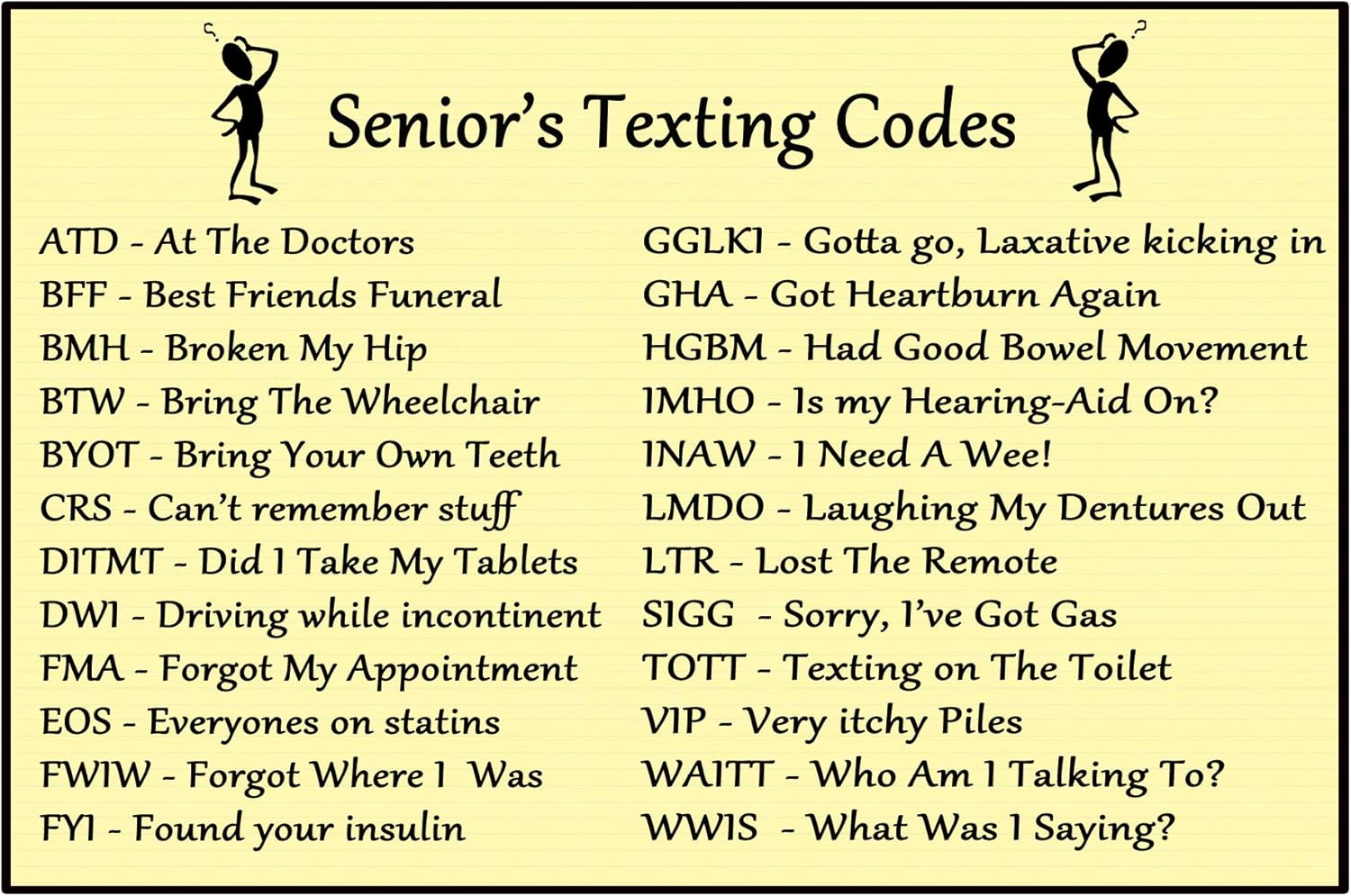 Fridge Senior Texting Codes 50th, 60th, 70th, 80th. 90th