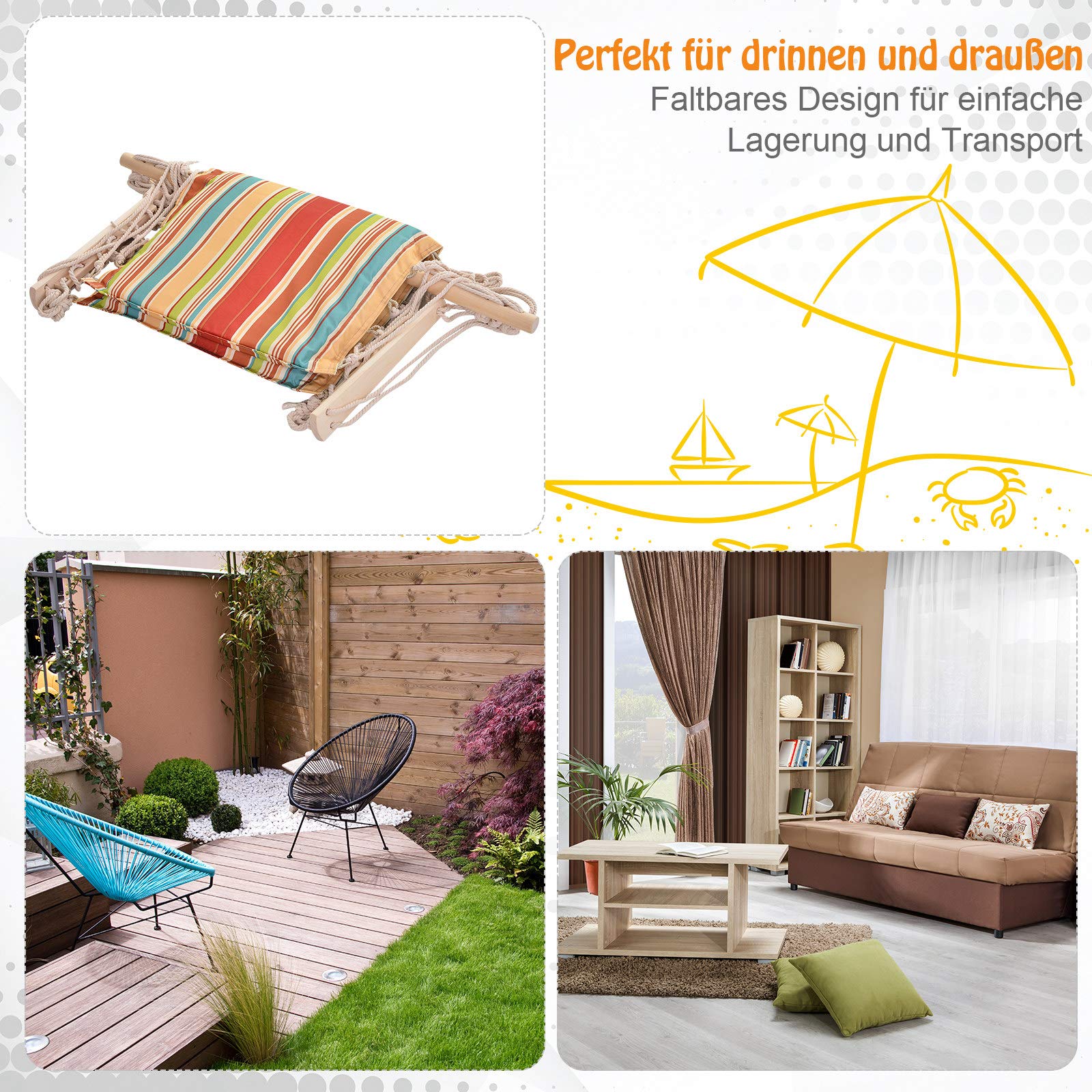 Outsunny Hängesessel Hängeschaukel mit Querstrebe und Kissen Deckenhaken Gestell Hängestuhl bis 100kg belastbar Hängesitz für Indoor Outdoor Garten Terrasse Mehrfarbig