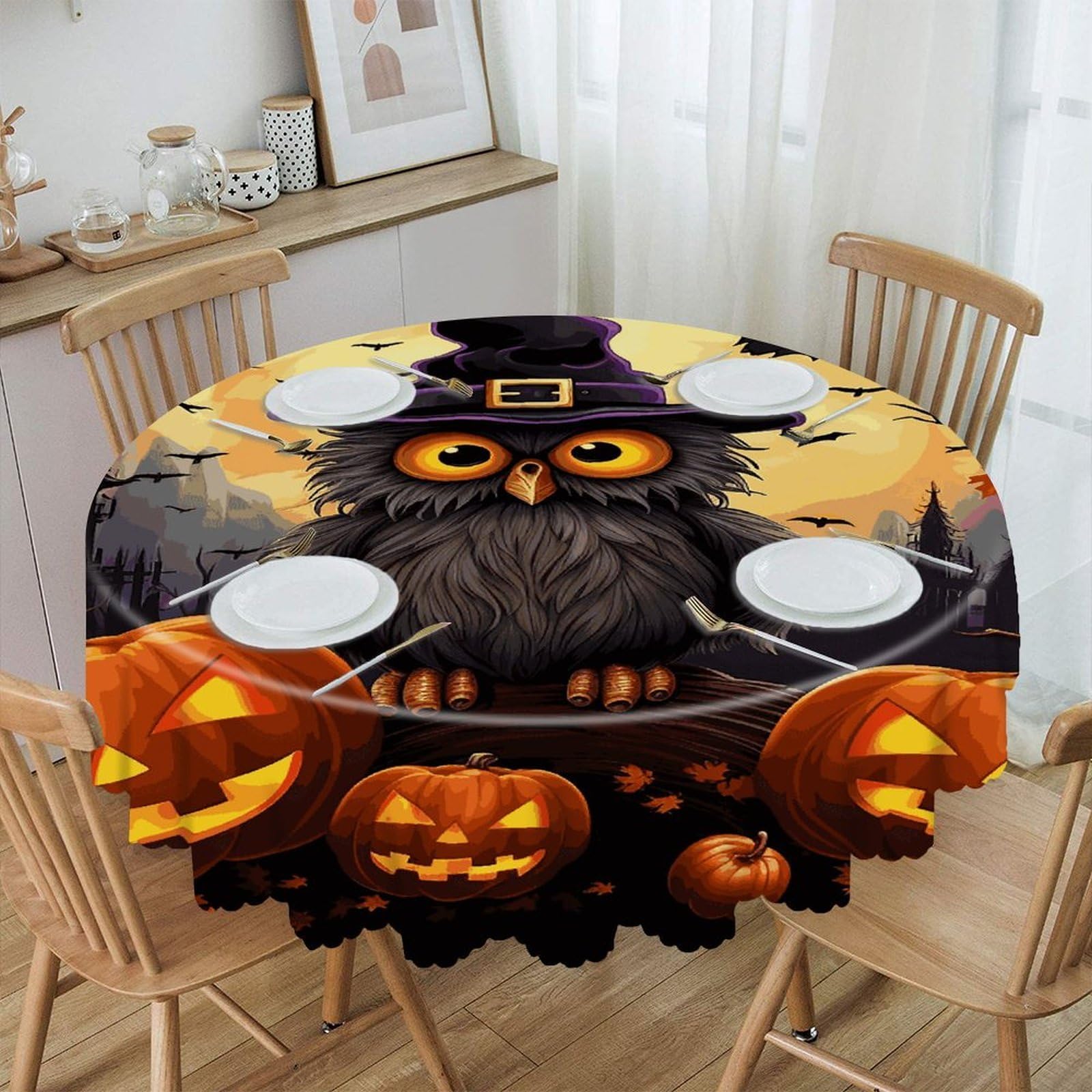 Btcowzrv Style Halloween Owl Ghost Pumpkin Polyester Round Tablecloth 59.84 Inch, Decorative Washable Table Cover, Table Cloth For Restaurant Picnic Indoor And Outdoor Dining