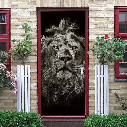Miniatura 6 de Calcomanías 3D para puertas interiores, retrato de un león, vinilo blanco y negro, impermeable, autoadhesivas, para dormitorio, oficina, baño, 30.3