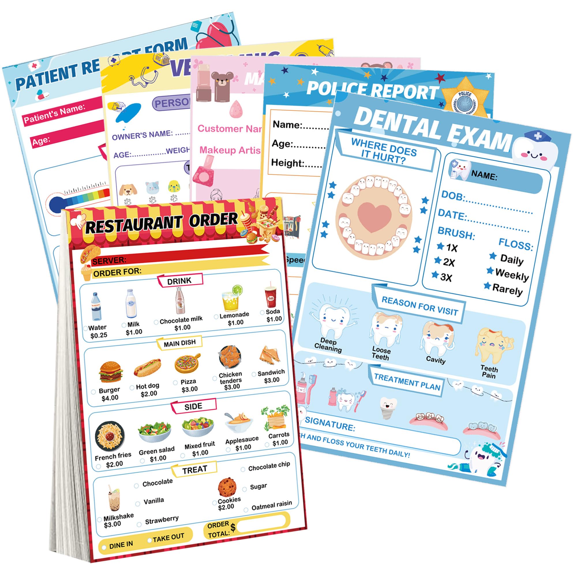 wootile Pretend Play Notepads 6 Pack Playtime Pads Pretend Play Notebooks Variety Role Play Doctor’s Report Grocery List Restaurant Guest Checklist Notepads