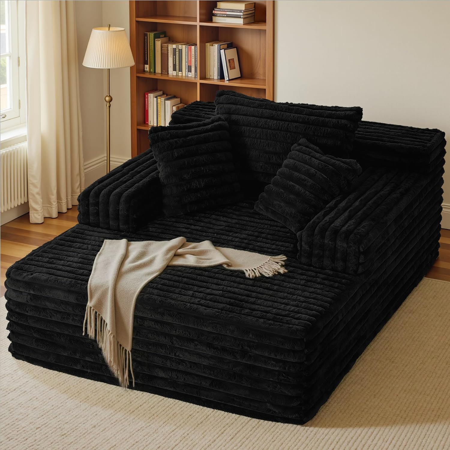 67"L Oversized Boneless Chaise Lounge Chair Indoor, Comfy Corduroy Upholstered Reading Chair for Adults, Deep Seat Sleeper Sofa Bed, Fluffy Cozy Cloud Couch for Living Room,Bedroom, No Assembly, Black
