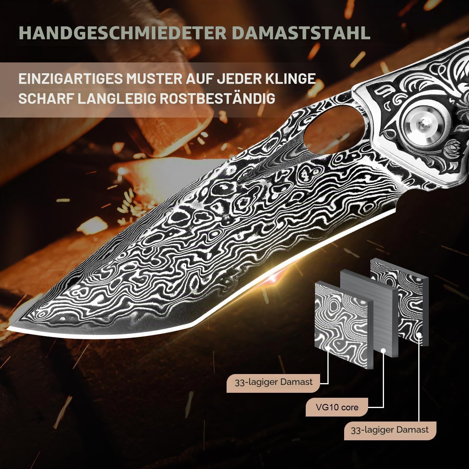 DRACHENADER Damast-Taschenmesser Set, 2er Klappmesser aus 67 Lagen VG10 Damaststahl, Zweihandmesser mit Liner Lock, §42a-konform, Enthält RUBY SEED und HB mit Lederscheide