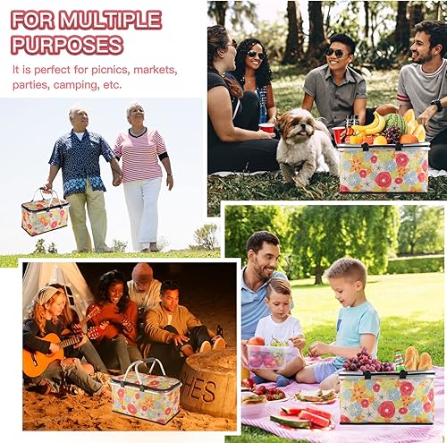 Miniatura 7 de KEFOMOL Cesta de picnic aislada, bolsa térmica plegable, cesta de comestibles de 32 litros con tapa, 2 asas resistentes, cesta de almacenamiento