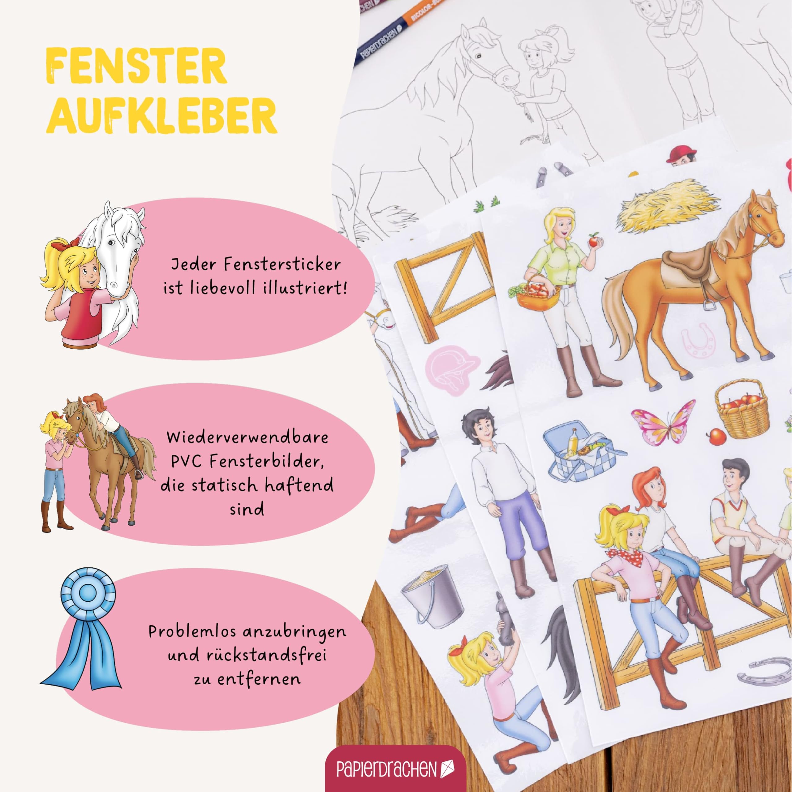 Papierdrachen WTD Fensterbilder Bibi & Tina - 6 hojas de pegatinas y pegatinas, estáticas y reutilizables, decoración de caballos para habitación infantil