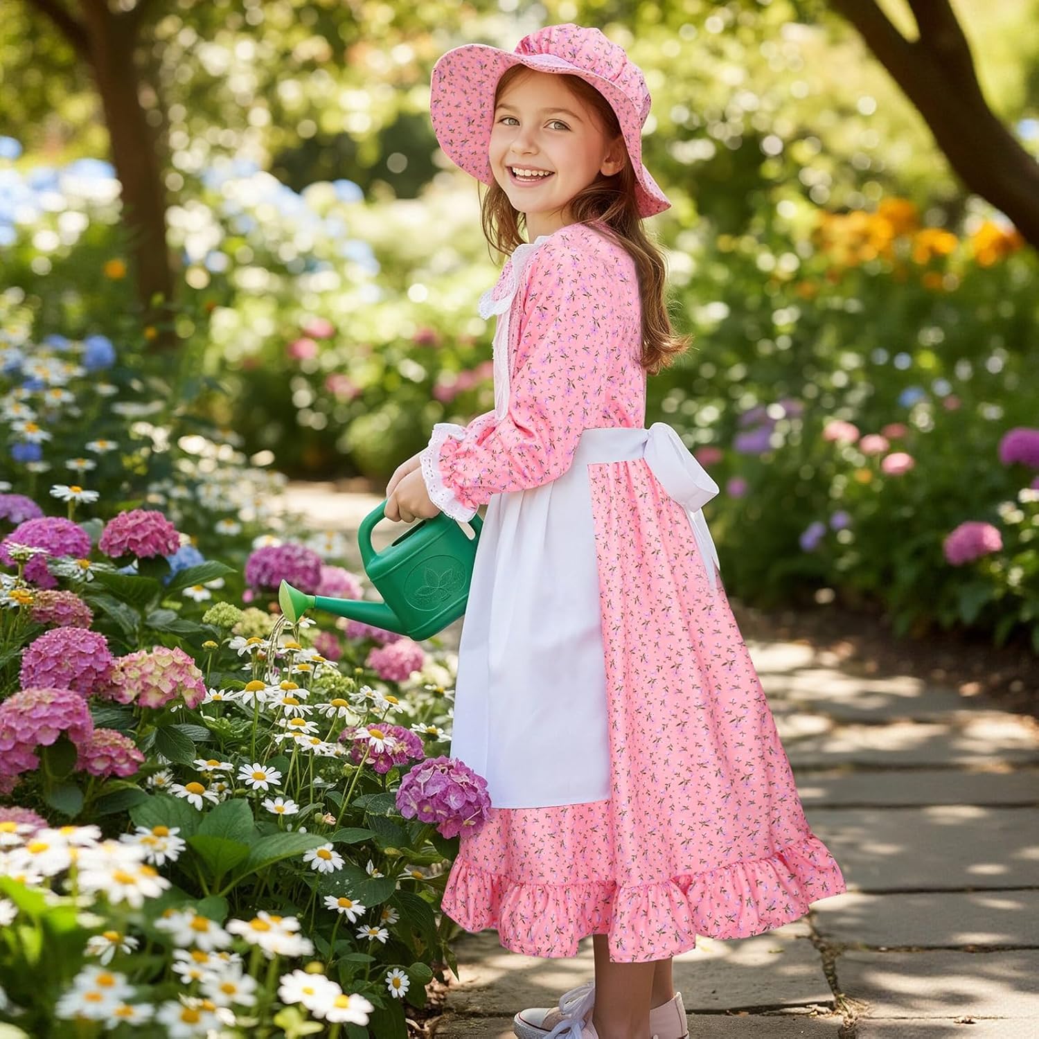 Meland Pioneer Dress for Girls, Colonial Floral Costume with Bonnet Apron & Purse, Dress Up Clothes for Girls Ages 5-13