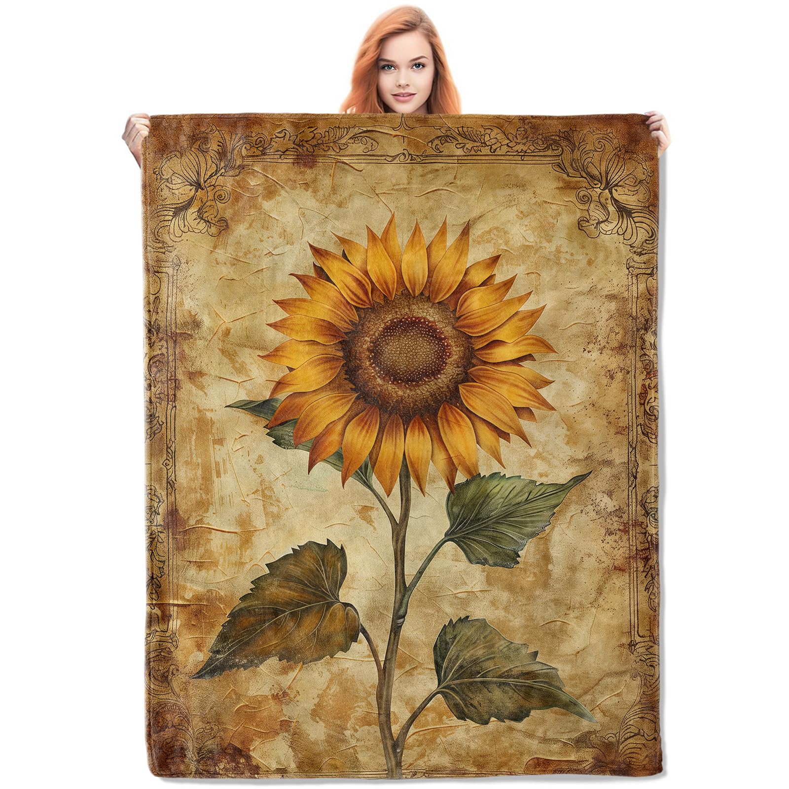 VANZEV Vintage Sunflower Fleece Blanket Gifts, Classic Floral Art Design, Cozy Throw 50x60 inches, Rustic Home Decor - Golden Yellow and Brown