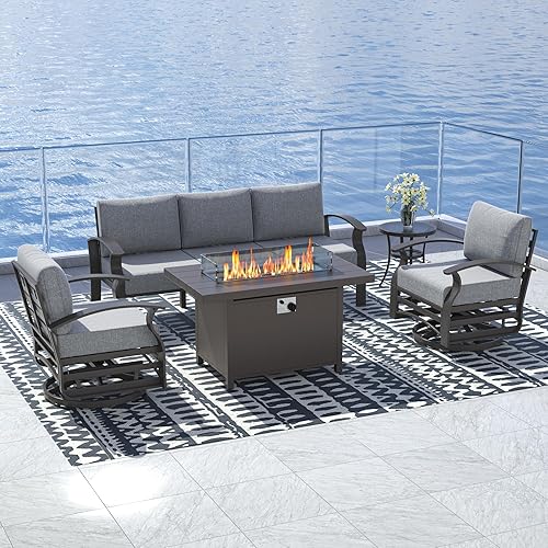 Aluminum Swivel Patio Furniture Set,5 Pcs 5-Seat Modern Metal Outdoor Conversation Sets w/55,000BTU Propane Fire Pit&Swivel Rocker Chairs for Backyard,Grey