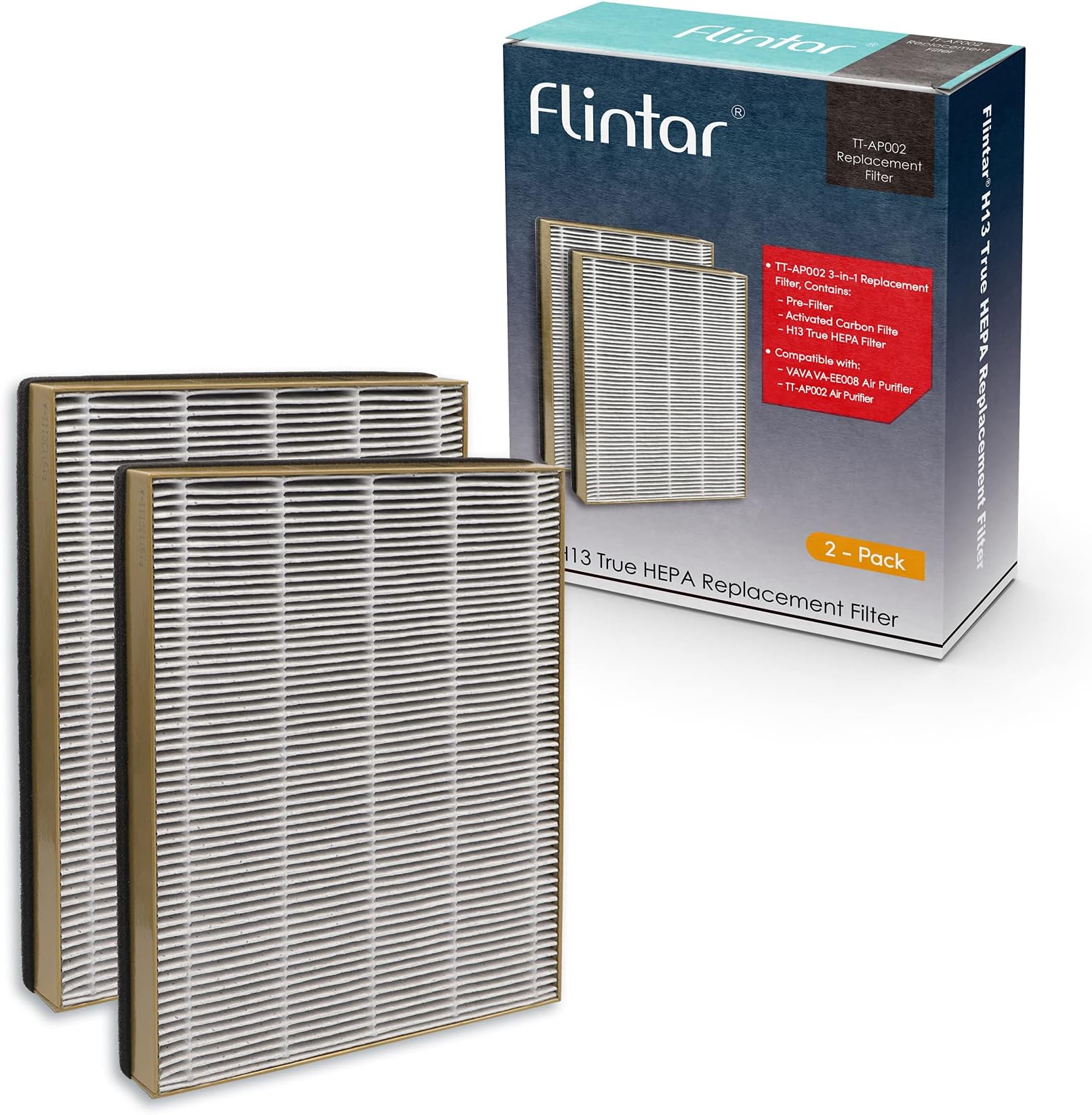 Flintar TT-AP002 H13 True HEPA Replacement Filter, Compatible with TaoTronics Air Purifier TT-AP002, 3-in-1 Premium Medical Grade H13 True HEPA Filter, 2-Pack (2)
