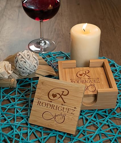 Miniatura 4 de Personalized Bamboo Coasters, Set of 4 Square Custom Coaster with Holder, Anniversary, Housewarming, Birthday, Engagement, Wedding Gift, Monogram