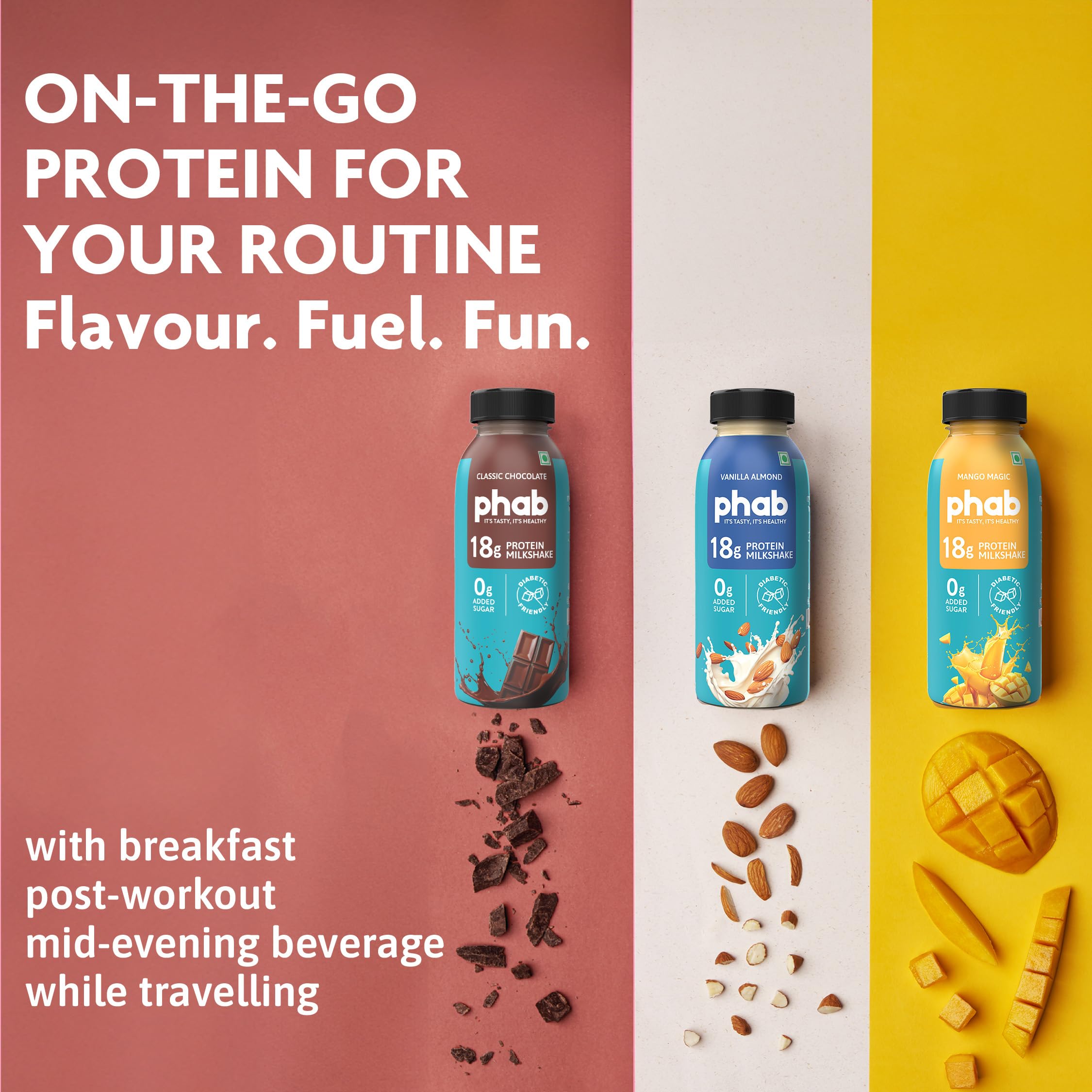 Phab Protein Milkshakes with 18g Protein & No Added Sugar | Gluten-Free & Gut-Friendly, Trans Fat Free | Rich Source of Fibre & Pre-biotics | Healthy & Delicious (200ml, Pack of 6) | Variety Pack 1