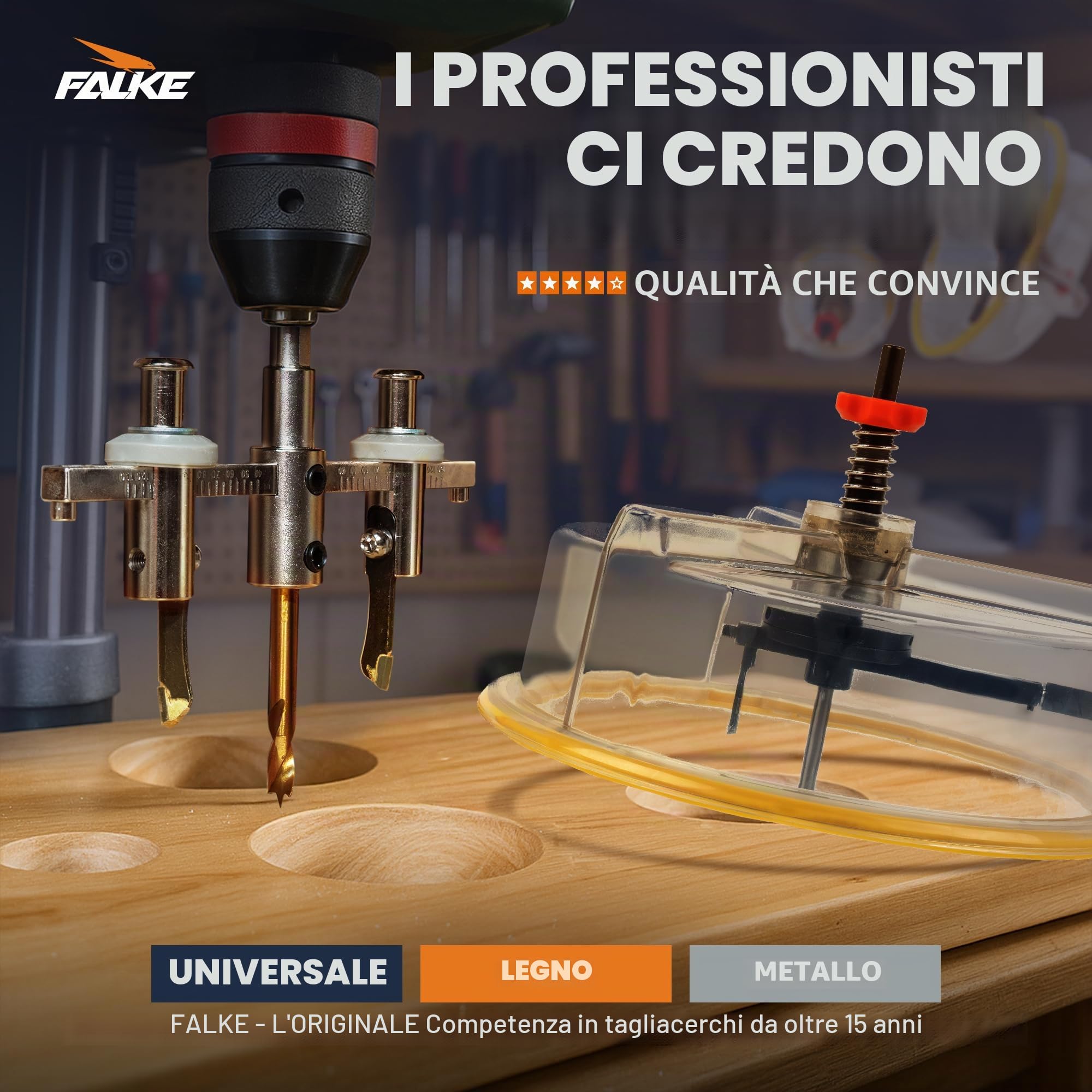Tronchese Falke FKS-H 120 (sega a tazza regolabile) - universale per legno, plastica, cartongesso | Diametro infinitamente regolabile (40-120 mm)