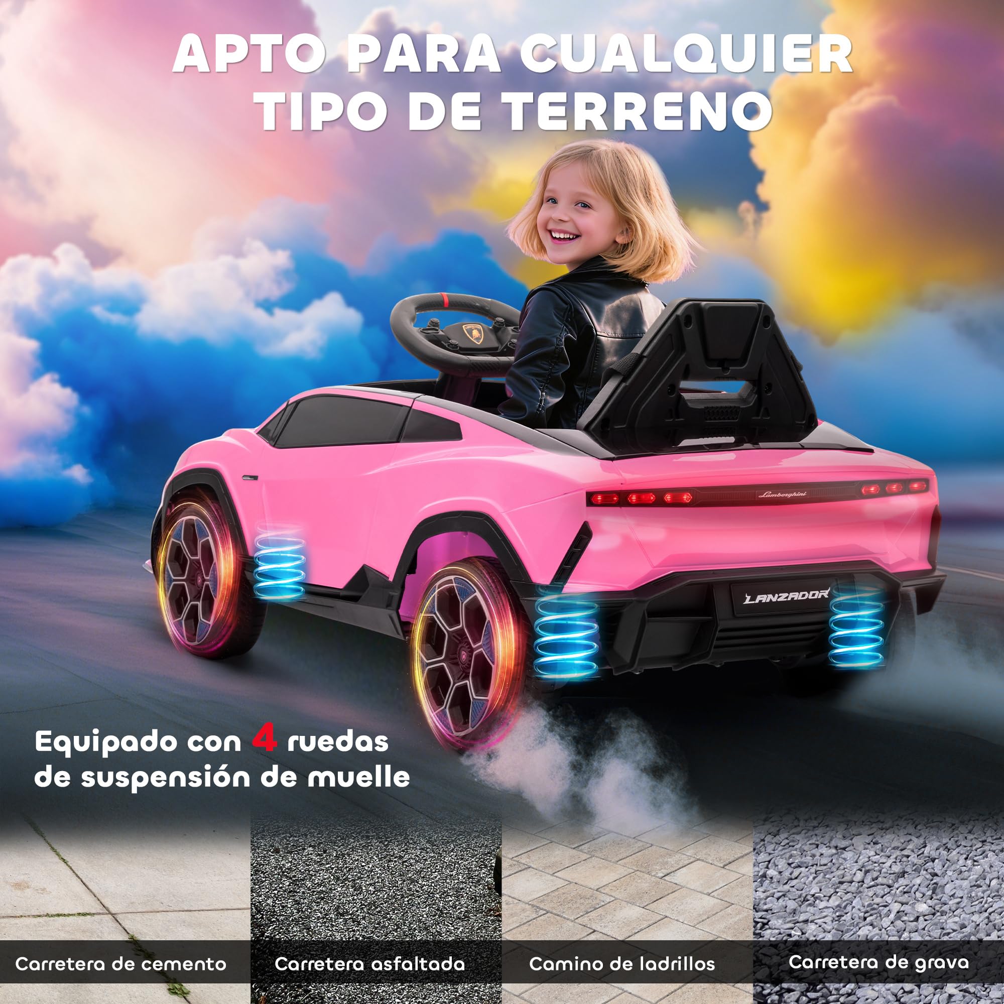 AIYAPLAY Coche Eléctrico para Niños de +3 Años, Lamborghini, Coche de Batería 12V, con Mando a Distancia 2,4 G, Motor Doble, Ruedas con Suspensión, Faros, Música, USB, Rosa