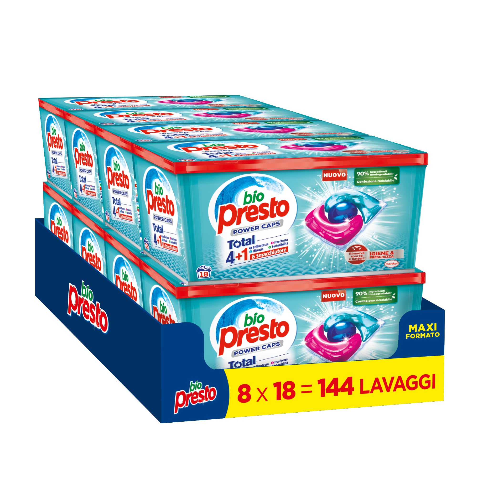Bio Presto Power Caps - Detergente para lavadora predosificado en cápsulas, elimina la suciedad y las bacterias, paquete de 144 lavados