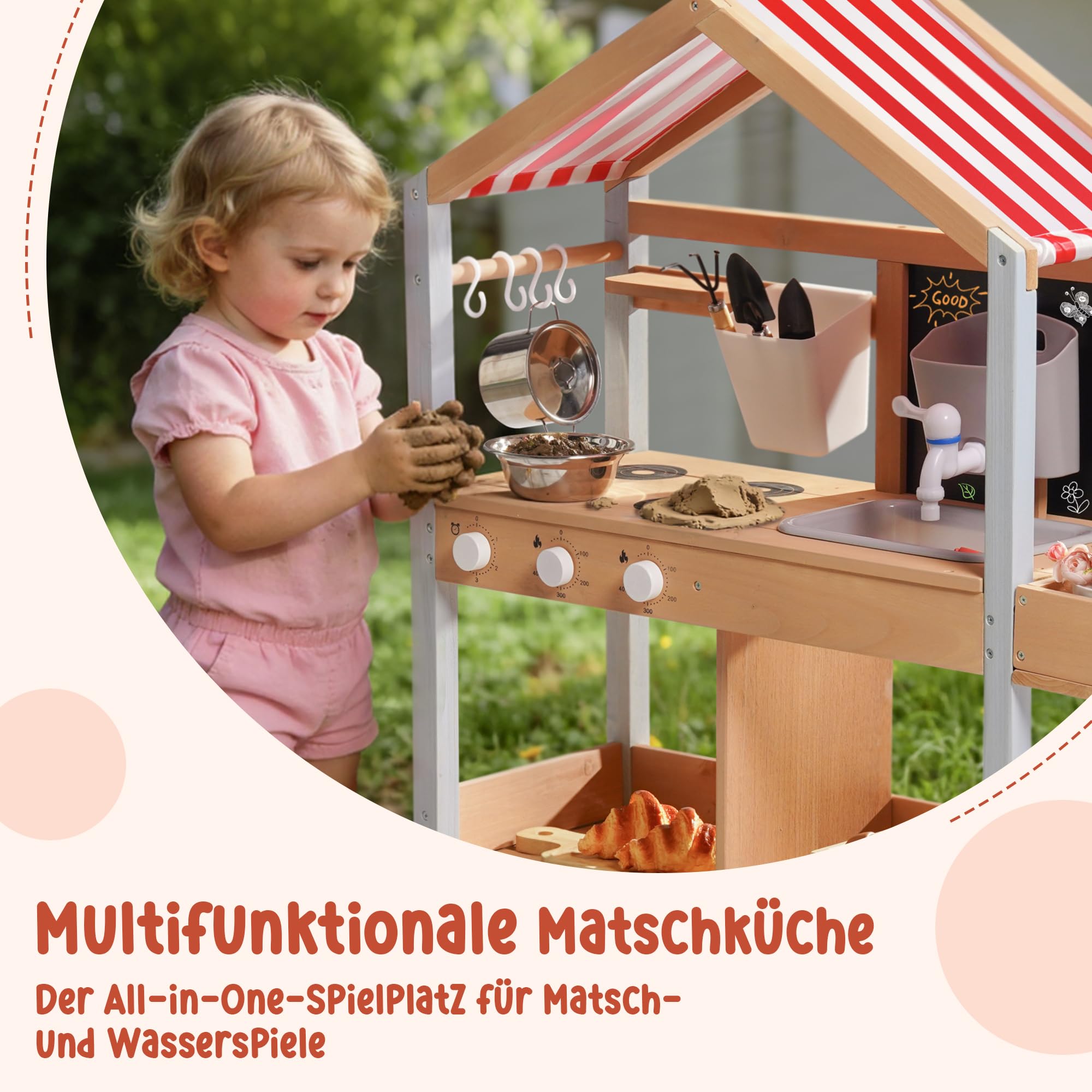 ROBUD Matschküche Outdoor Holz mit Sonnendach, Spielküche Kinder Matschküche im Freien mit Pflanzkasten, Herd, Funktionierendem Wassertank, Wasserhahn & Spüle, Tafel, Spielküche Kinder ab 3 Jahren