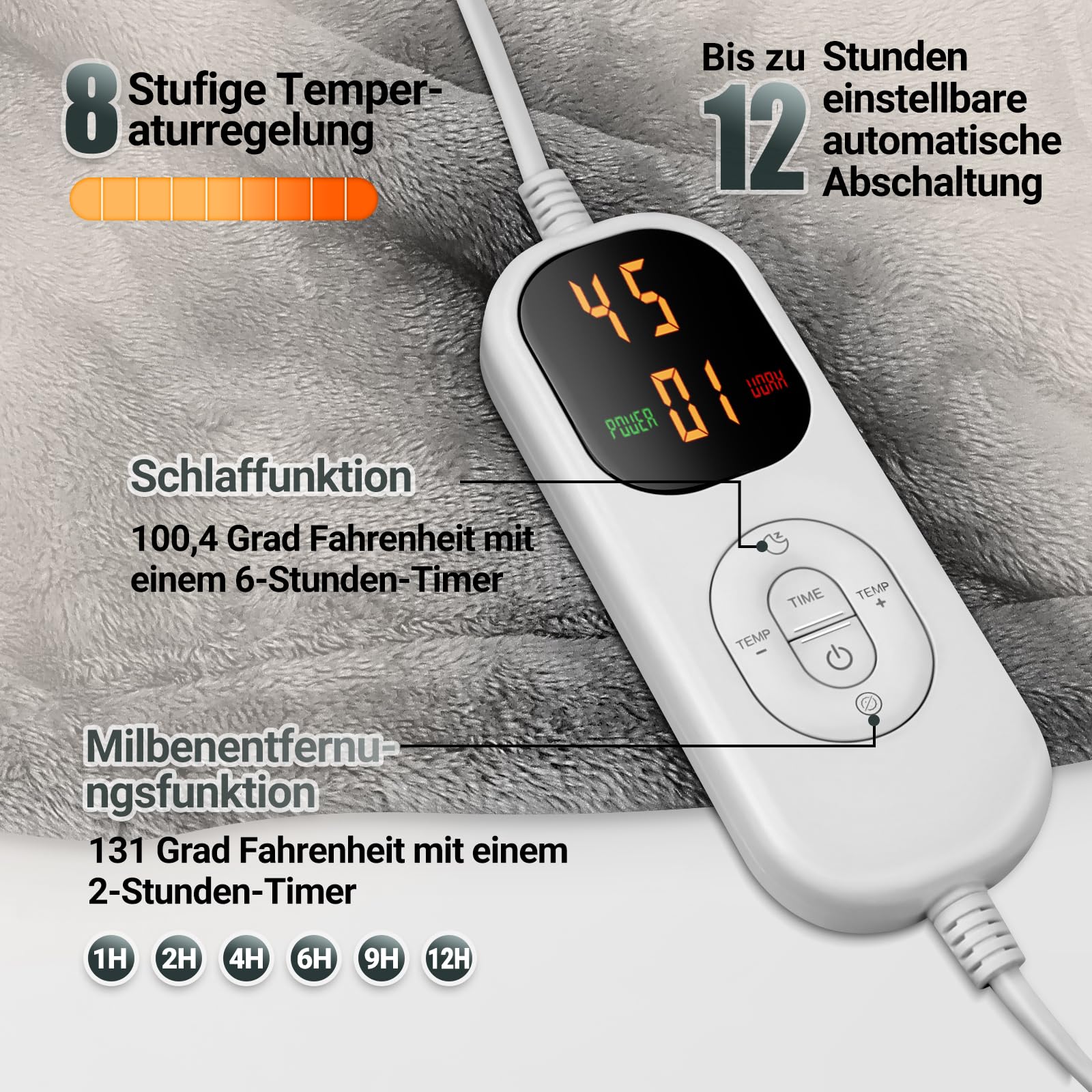 Charmofun Heizdecke 130x180CM Elektrische Wärmedecke 8 Heizstufen 12 Stunden Auto-Off-Timer Maschinenwaschbar Flanell