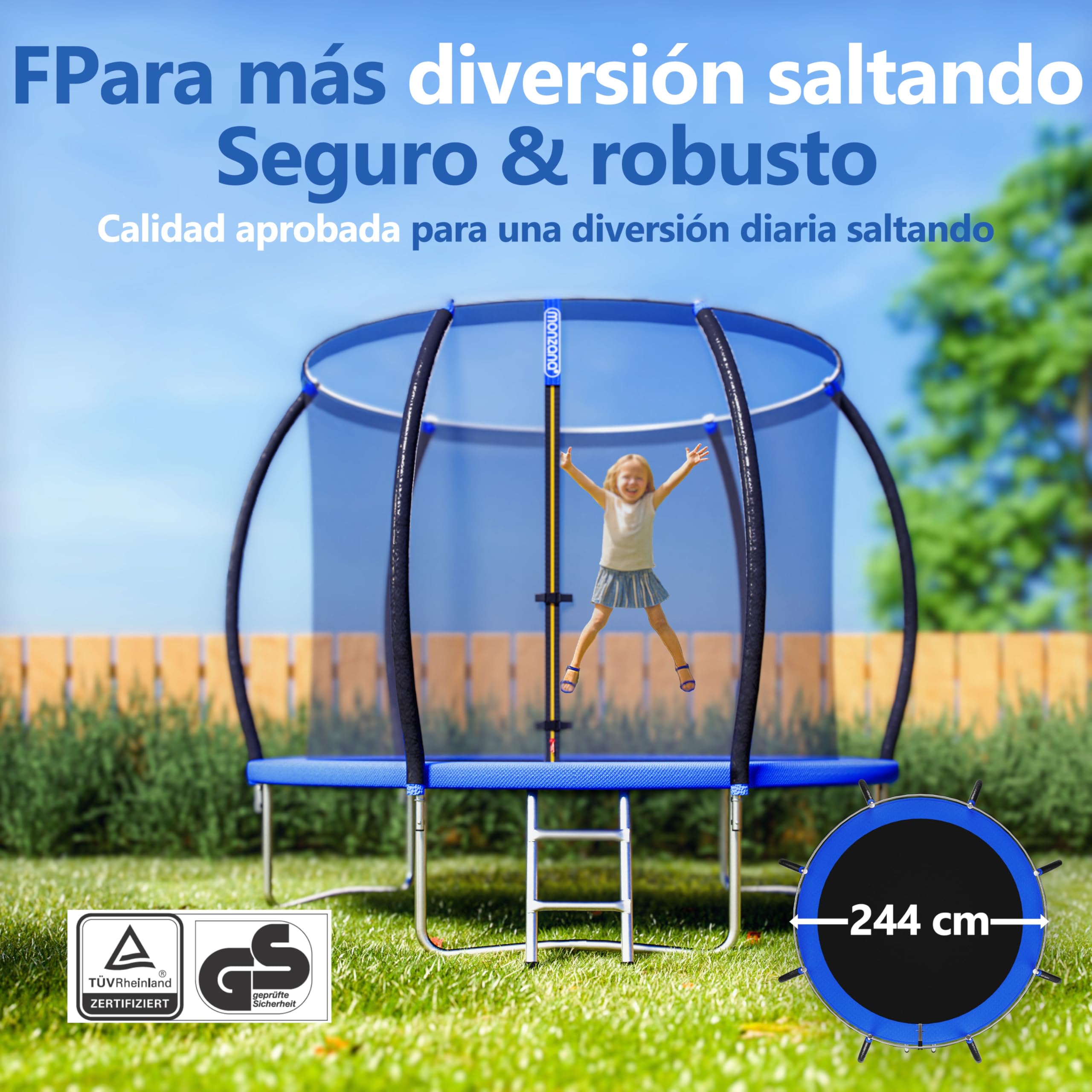 MONZANA® Trampolín Ø 244cm, Cama Elástica, Red de Seguridad, Protectores Bordes, Escalera, Trampolines para Niños, Juguetes Juegos Exterior, Set Completo, Deporte, Jardín, Certificado TÜV Rheinland GS