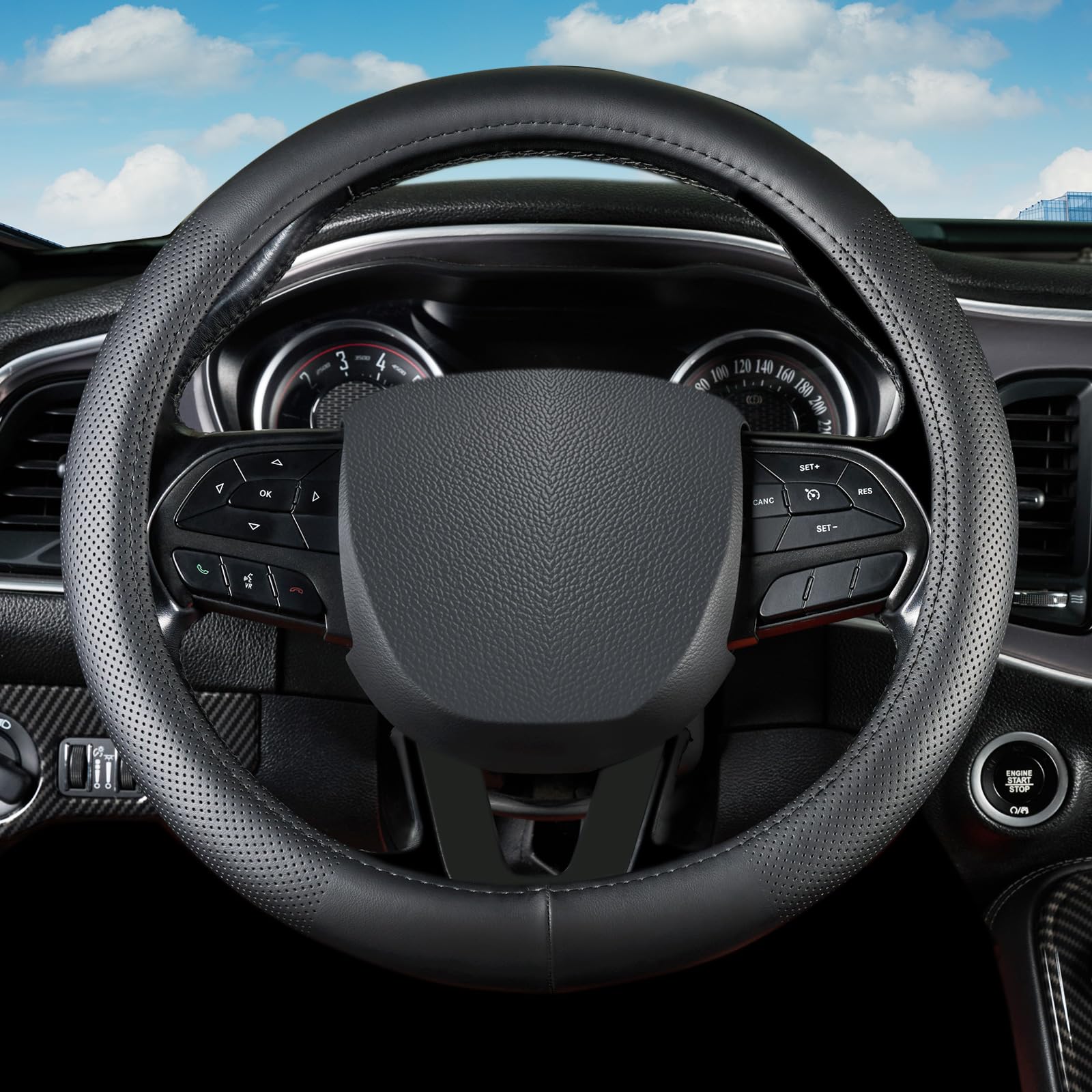 Black Leather Steering Wheel Cover 14 5-15 Inch Universal Fit Anti-Slip Breathable Durable Car Wheel Protector for SUV