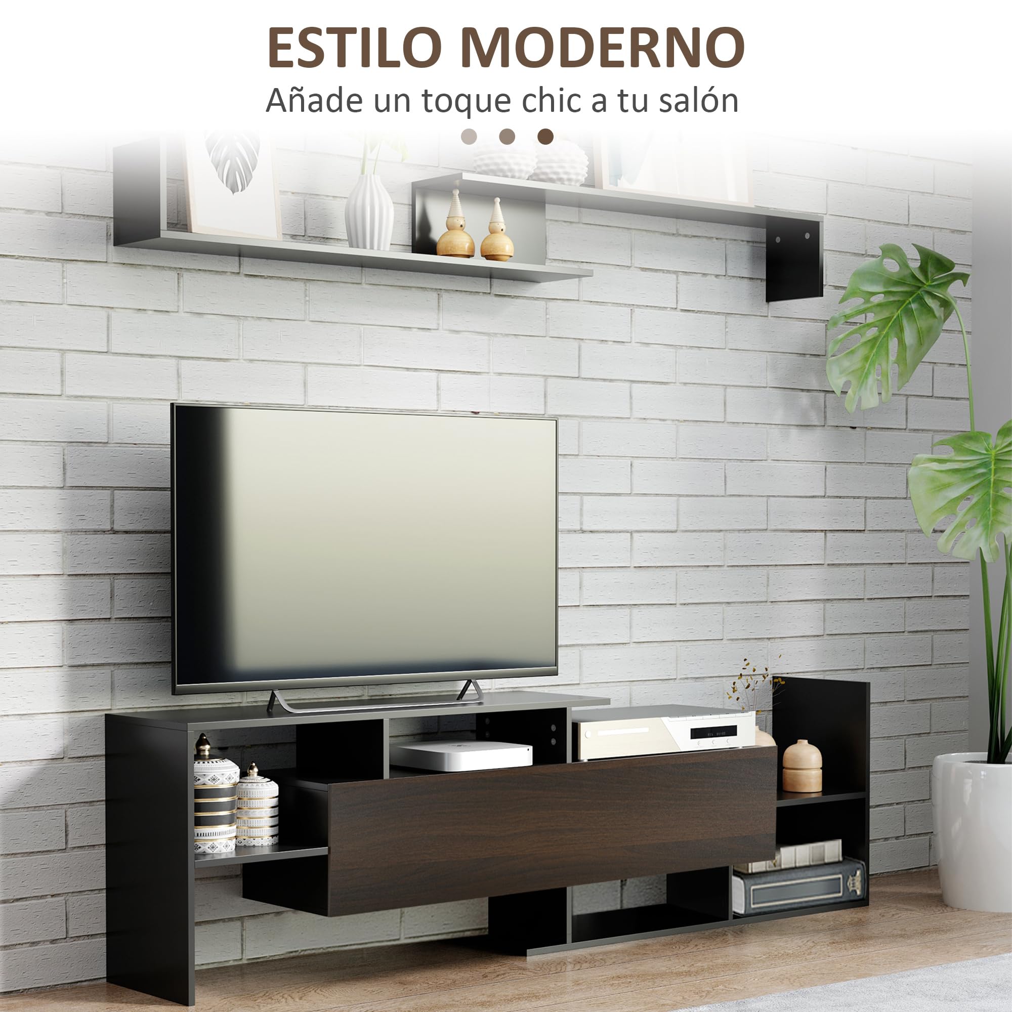 HOMCOM Muebles de Salón Conjunto Muebles de TV para Televisiones de Pared hasta 65" o de Pie hasta 40"con Mesa para Televisor 153,6x25x42 cm y Estante de Pared 150x14,5x16,3 cm Negro y Marrón