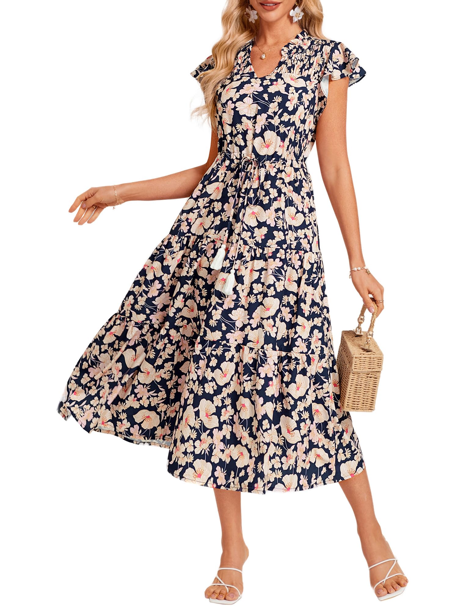 GRACE KARIN Womens Summer Floral Midi Dresses Short Sleeve Beach Wedding Guest Dress Drawstring Long Flowy Dress with Pockets