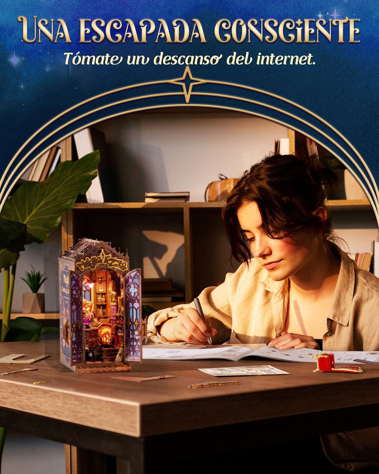 Rolife Book Nook Puzzle 3D Magic Fantasy Corner, DIY Miniature House con Luz y Puerta con Cierre, Booknook Kit de Diorama para Estantería de Esquina, Cumpleaños Único para Adultos