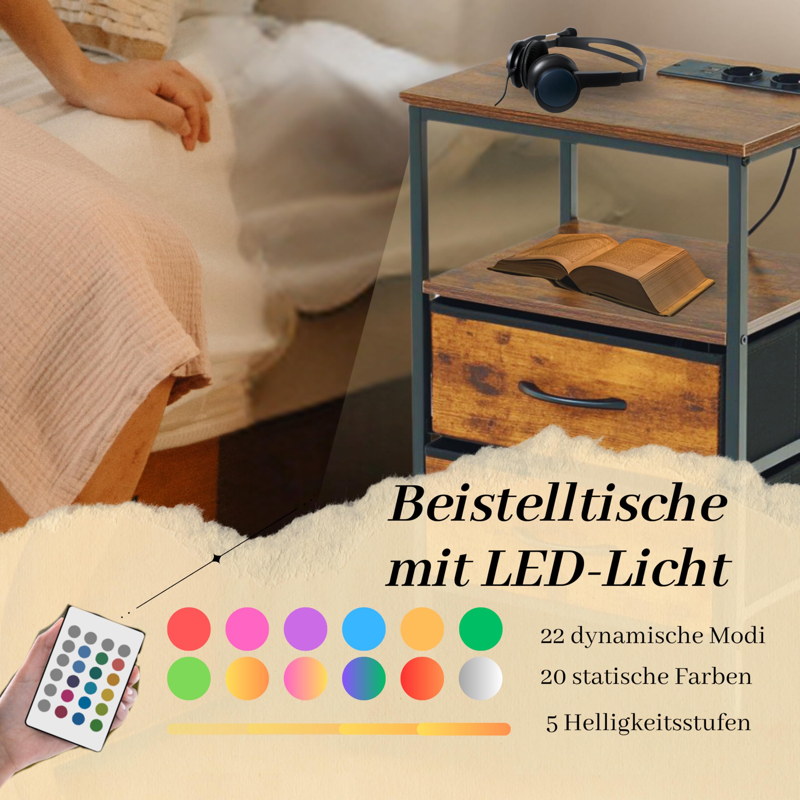 FurnitureR Set von 2 Nachttisch mit LED Ladefunktion, Beistelltisch mit 2 Schubladen. 2 AC Ports.2 USB Ports Nachttische, Endtische für Wohnzimmer, Schlafzimmer, Vintage Braun,40 * 30 * 60cm